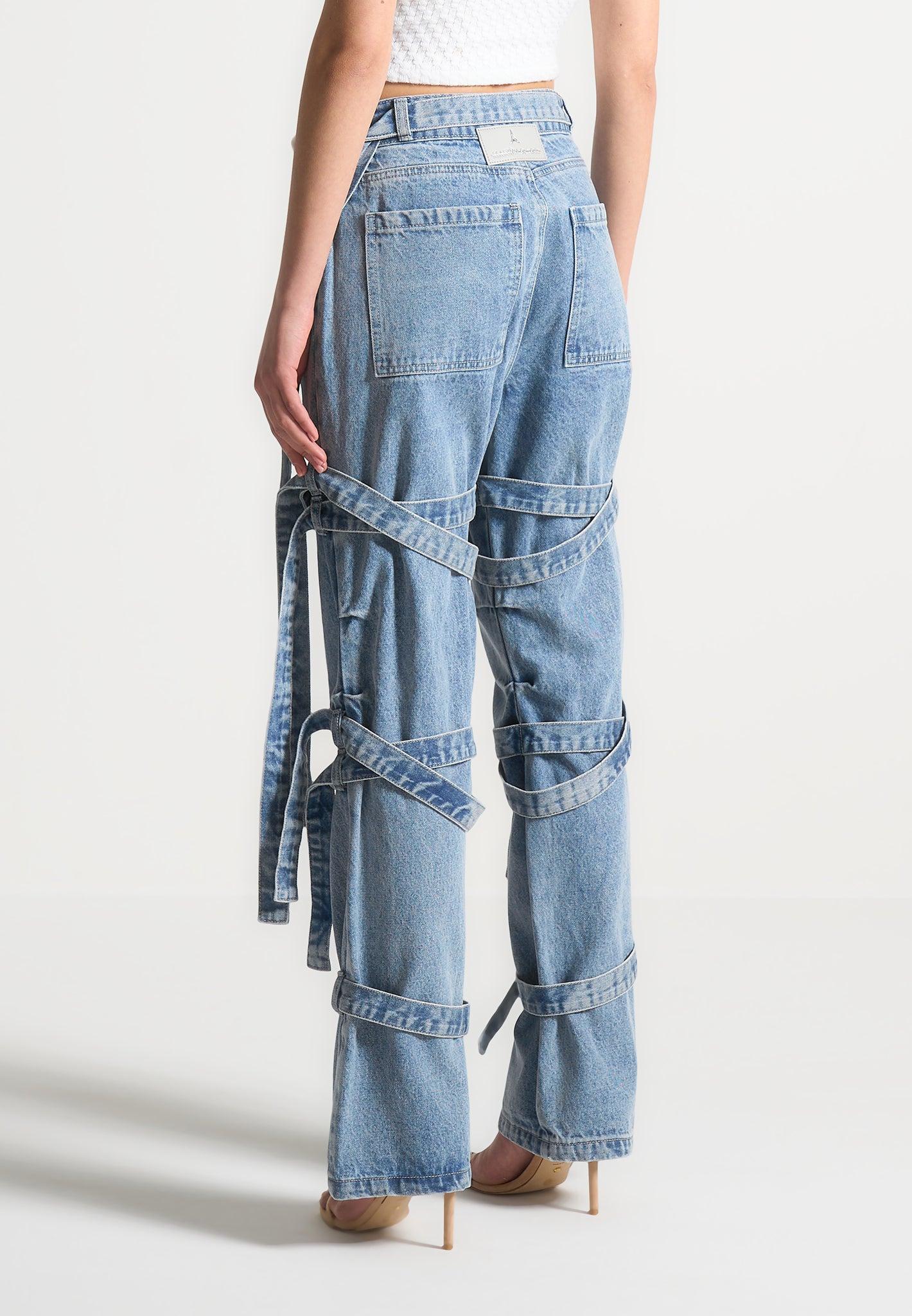 Talia - Denim Strap Cargo Jeans - Mid Blue Female Product Image