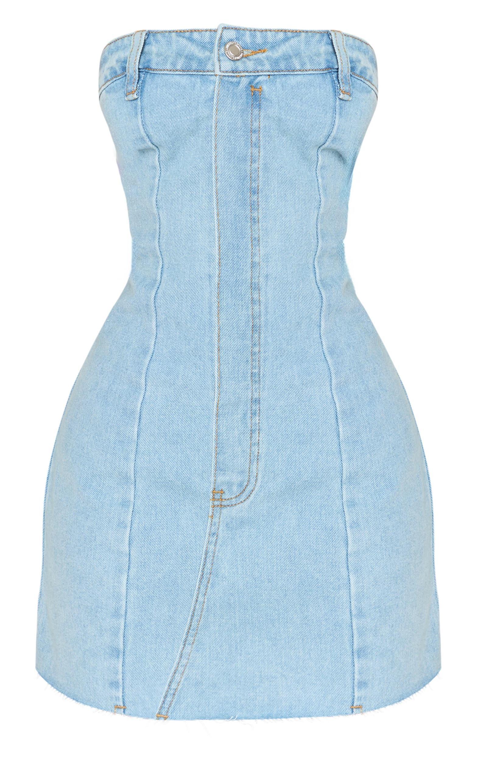 Petite Light Blue Wash Denim Bandeau Mini Dress Product Image