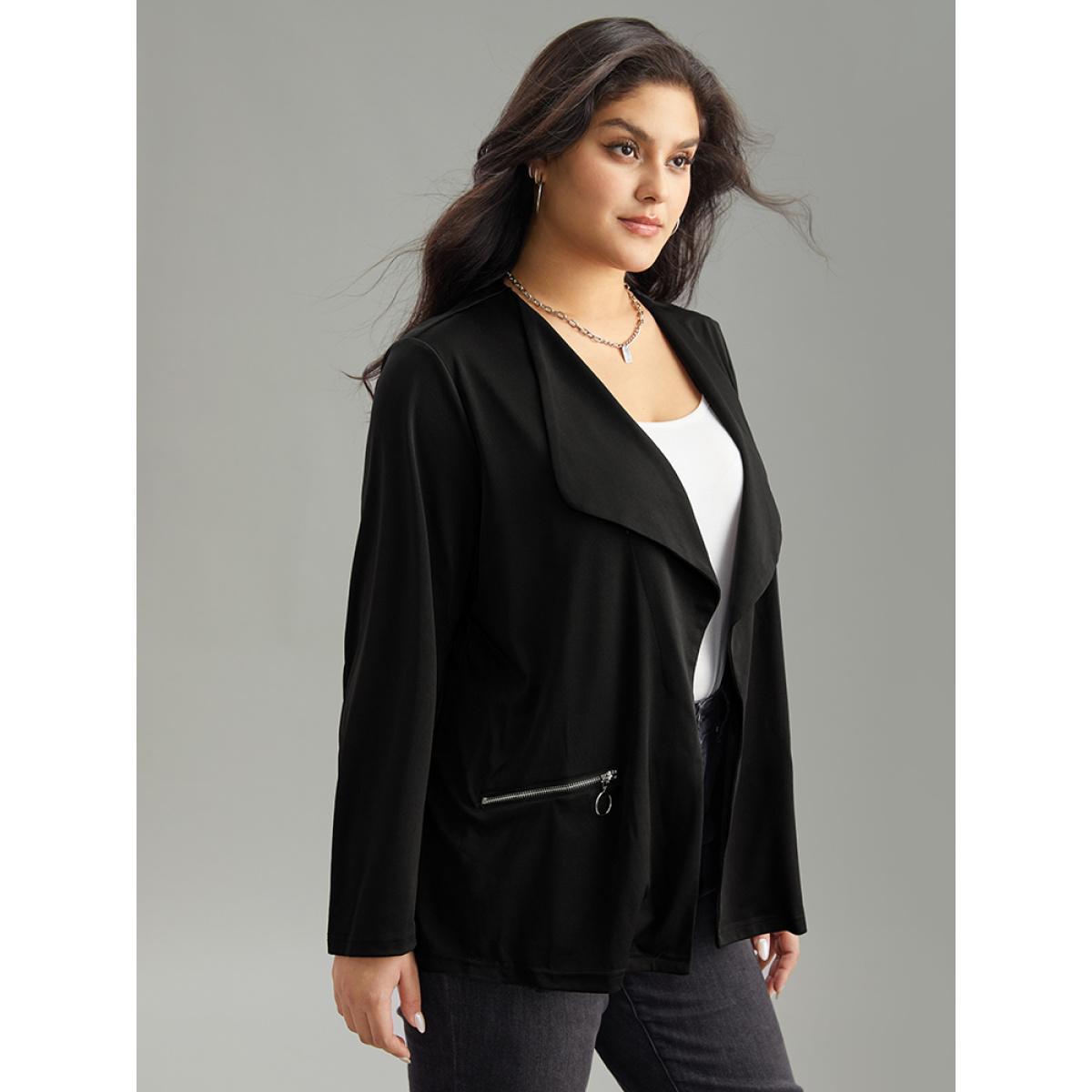 Plus Size Lapel Collar Zipper Pocket Blazer Black Women Dailywear Zipper Sleeve Long Sleeve Non 12/L Pocket Casual Blazers BloomChic Product Image