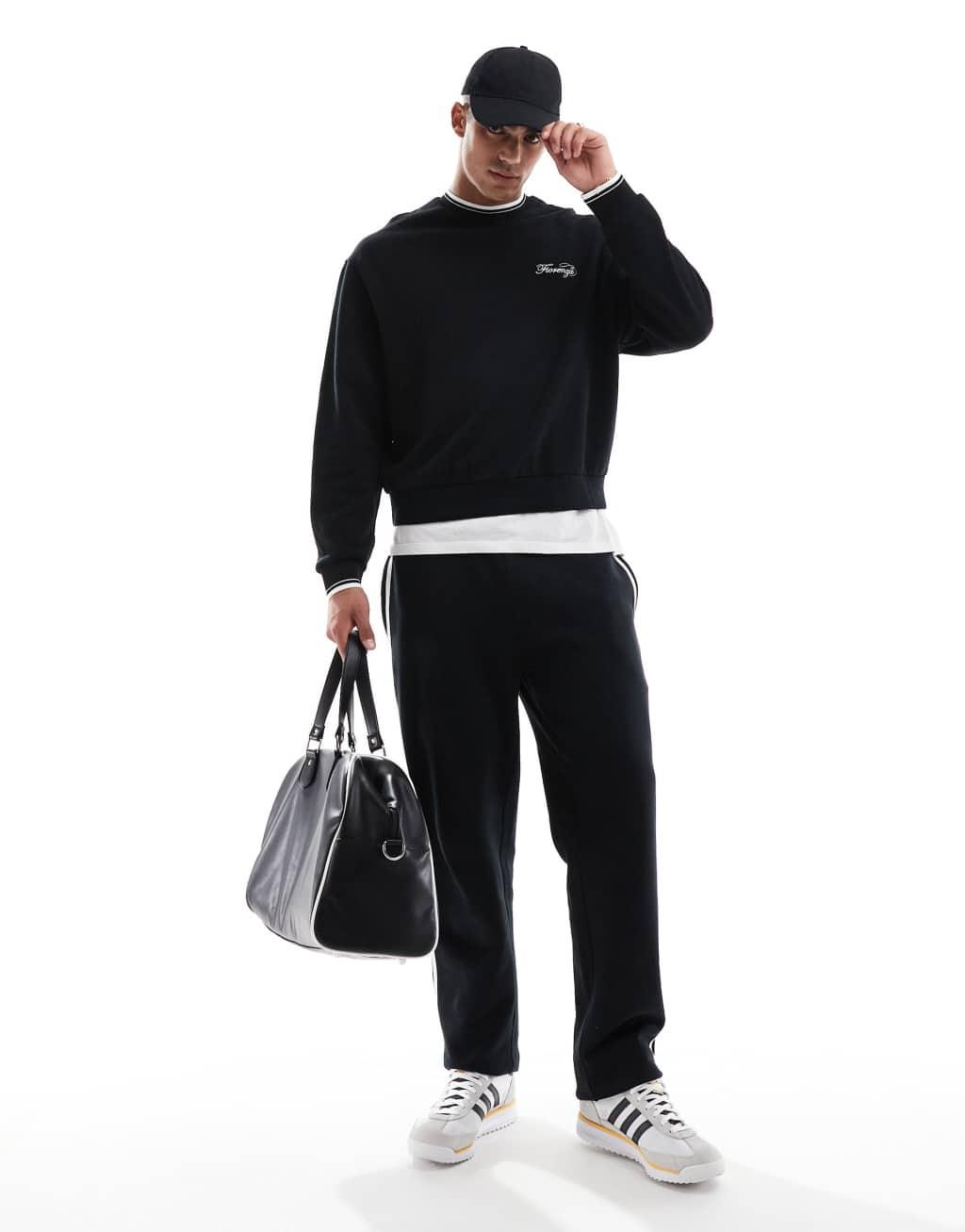 ASOS DESIGN oversized sweatshirt with chest embroidery and tipping in black Product Image