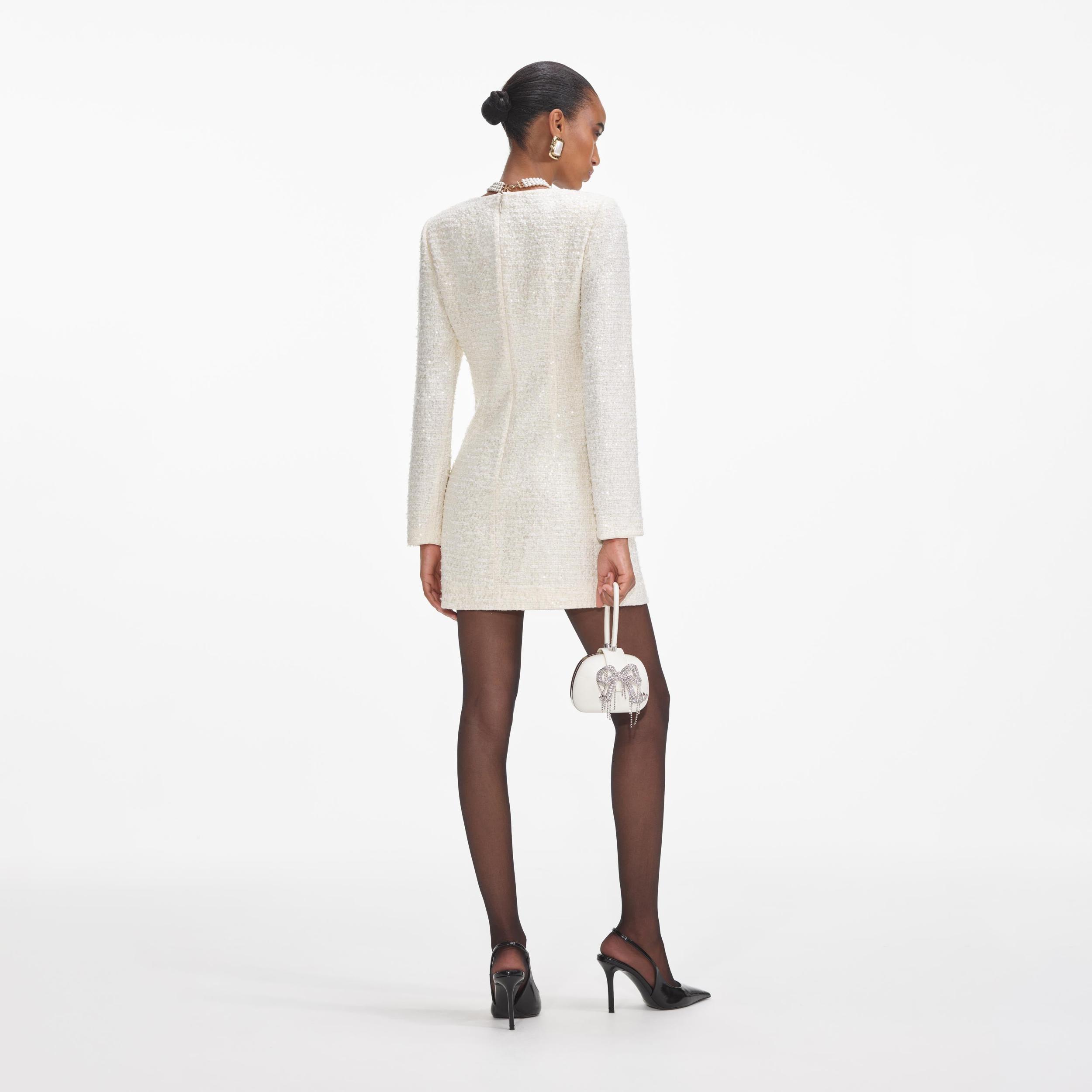 Cream Boucle Diamante Bow Mini Dress Product Image