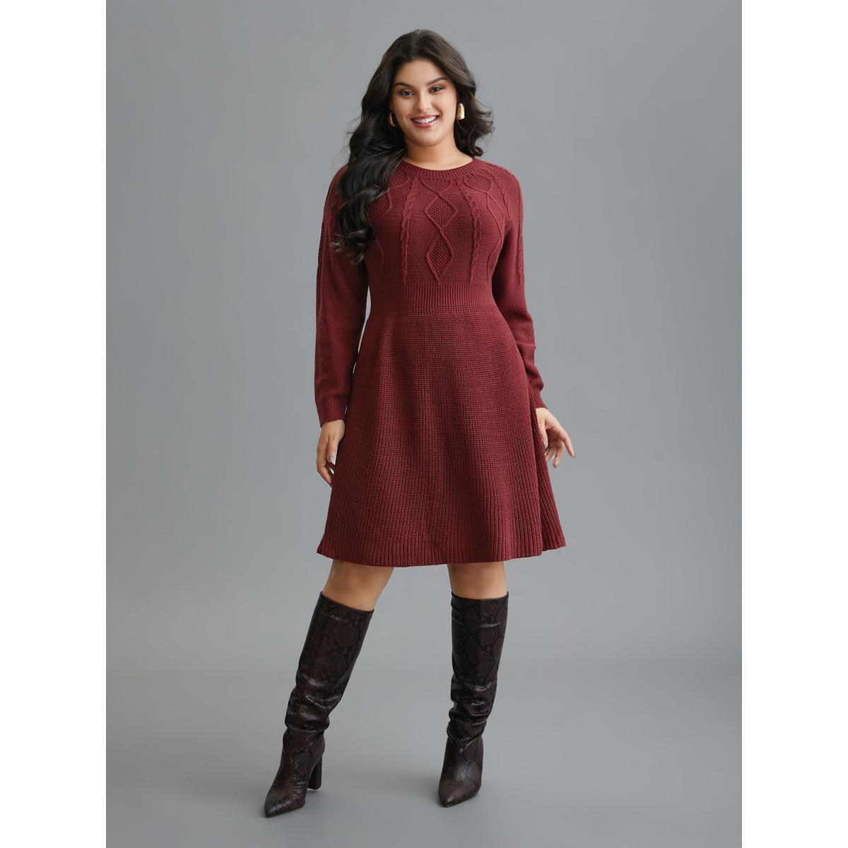 Plus Size Cable Knit Raglan Sleeve Midi Sweater Dress Burgundy Women Casual Bodycon Long Sleeve Everyday Sweater Dresses BloomChic 30/6X Product Image