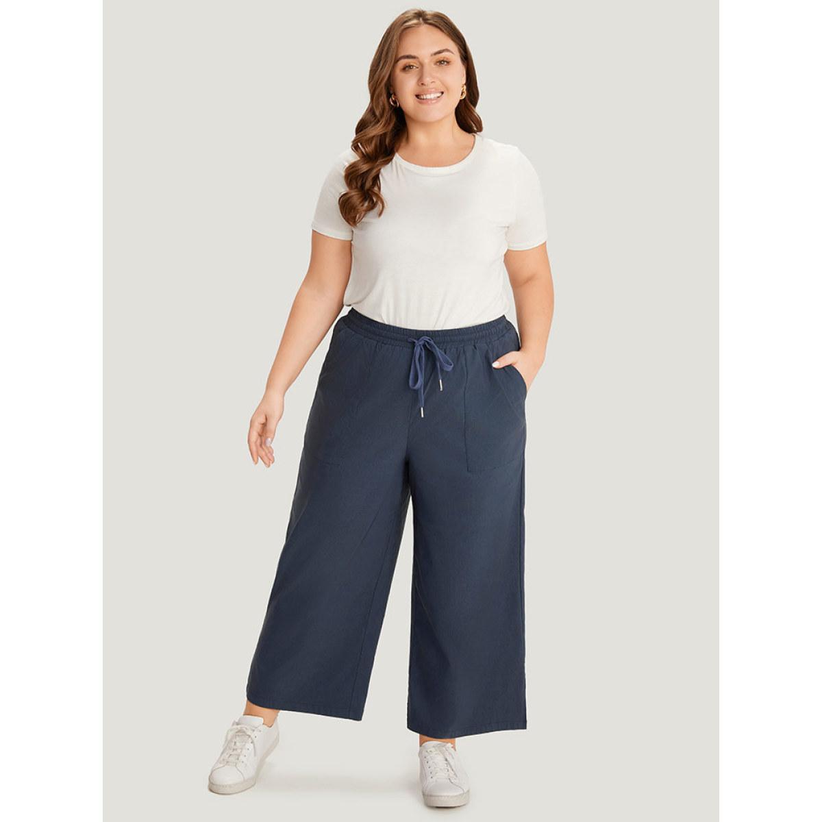Plus Size Plain Pocket Drawstring Split HemWide leg Pants Women Indigo Office Loose Mid Rise Work Pants BloomChic 12/L Product Image