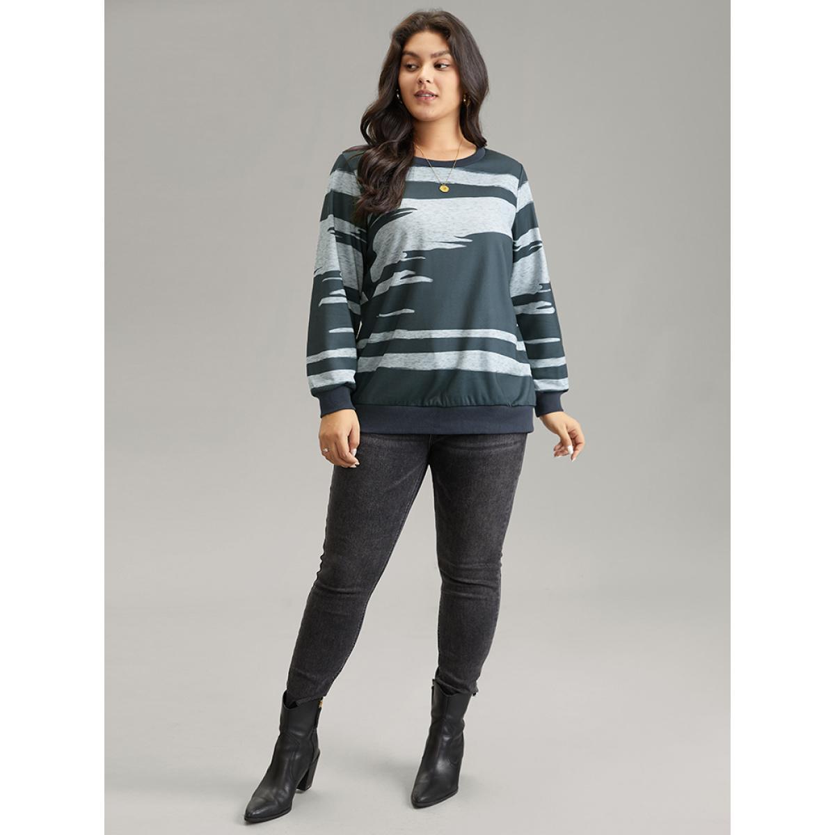 Plus Size Brush Print Rib Knit Contrast Sweatshirt Women Multicolor Casual Rib Knit Round Neck Dailywear Sweatshirts BloomChic 14-16/1X Product Image