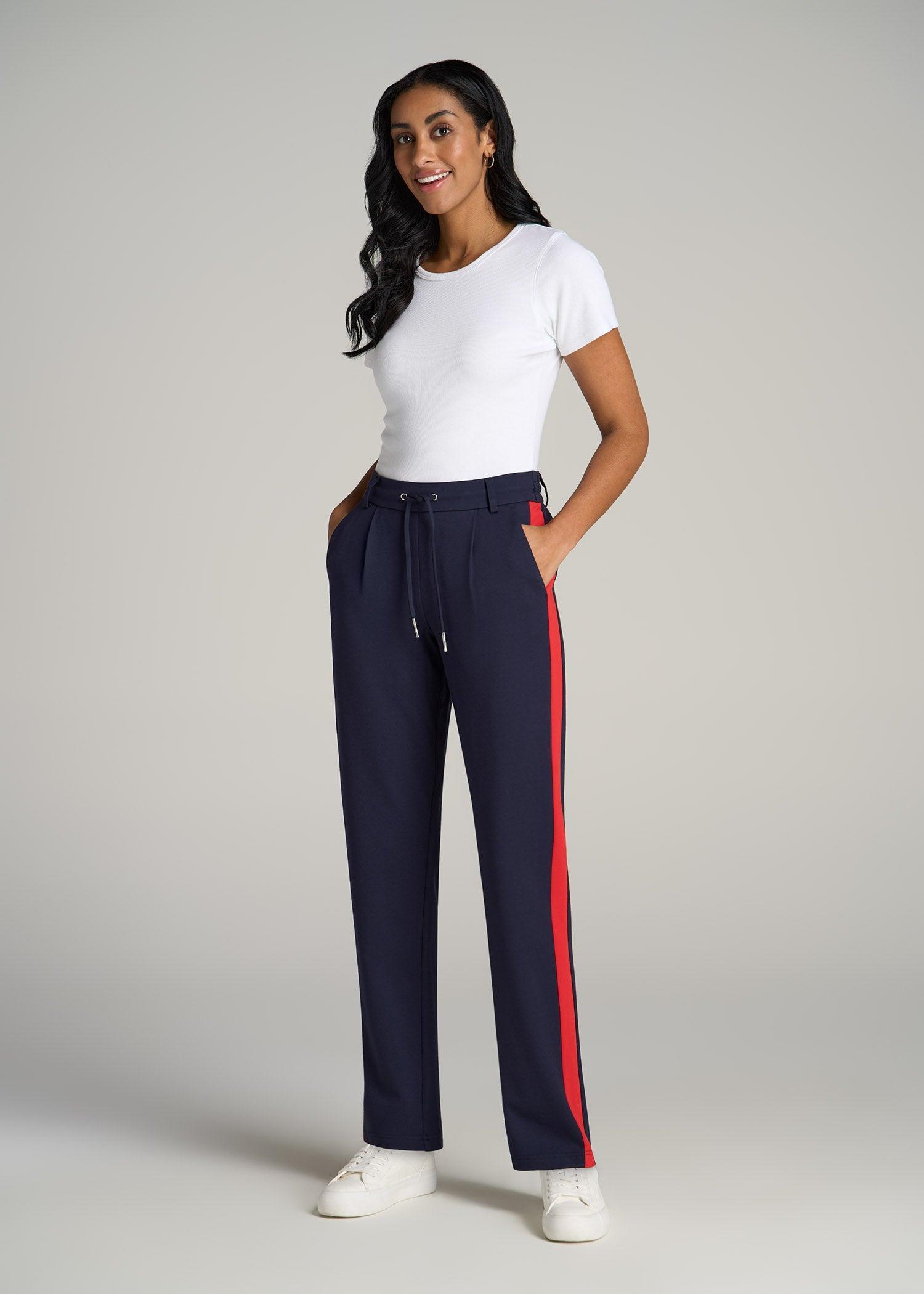 Pull On Tuxedo Stripe Pants for Tall Women in True Navy and Radiant Red Product Image