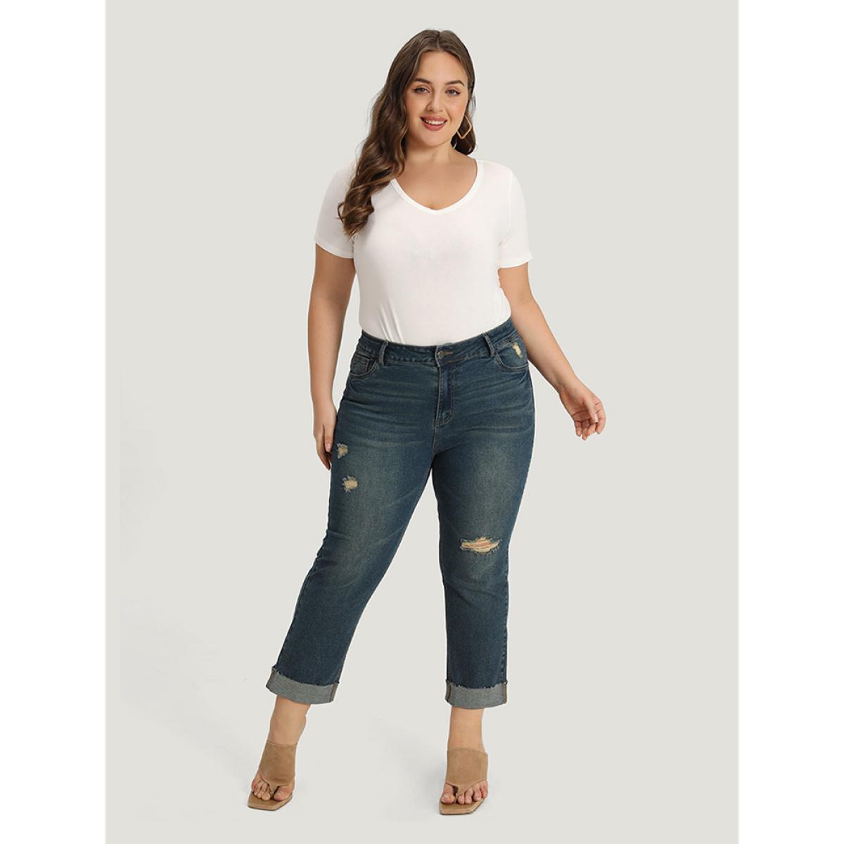 Plus Size Solid Ripped Roll Hem Pocket Straight Leg Jeans Women Indigo Casual Plain Plain High stretch Pocket Jeans BloomChic 12/L Product Image