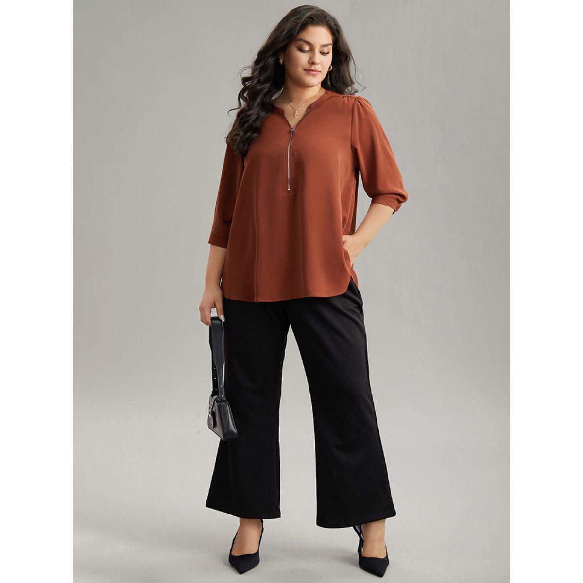 Plus Size Rust Plain Half Zip Gathered Blouse Women Work From Home Elbow-length sleeve V-neck Work Blouses BloomChic 22-24/3X Product Image