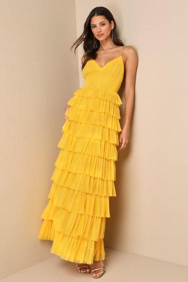 Radiant Event Yellow Mesh Tiered Ruffled Backless Maxi Dress Product Image