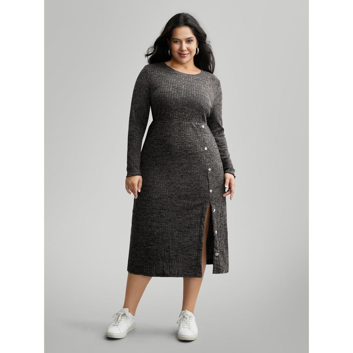 Plus Size Crew Neck Button Detail Split Hem Dress Black Women Casual Texture Round Neck Long Sleeve Curvy BloomChic 22-24/3X Product Image