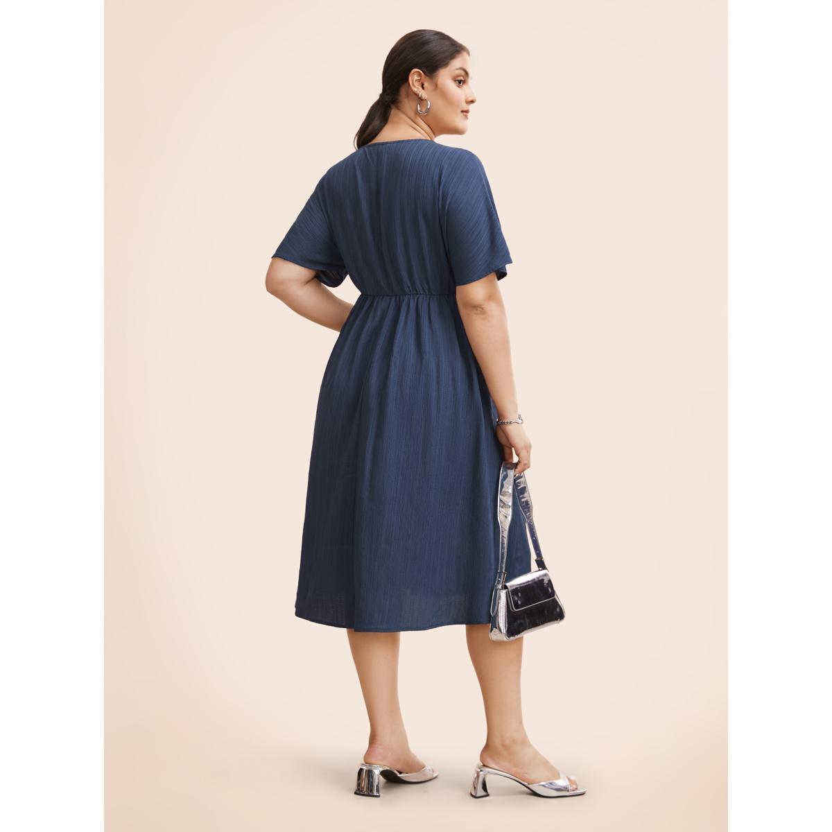 Plus Size Textured Half Zip Dolman Sleeve Dress Indigo Women At the Office Texture V-neck Short sleeve Curvy BloomChic 14-16/1X Product Image