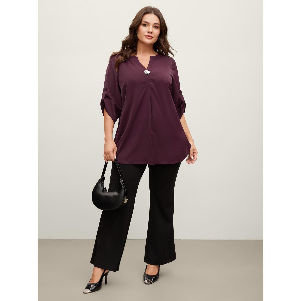 Plus Size Plum Metal Buckle Neckline Solid Blouse Women Elbow-length sleeve Flat collar with V-notch Work Blouses BloomChic 18-20/2X Product Image