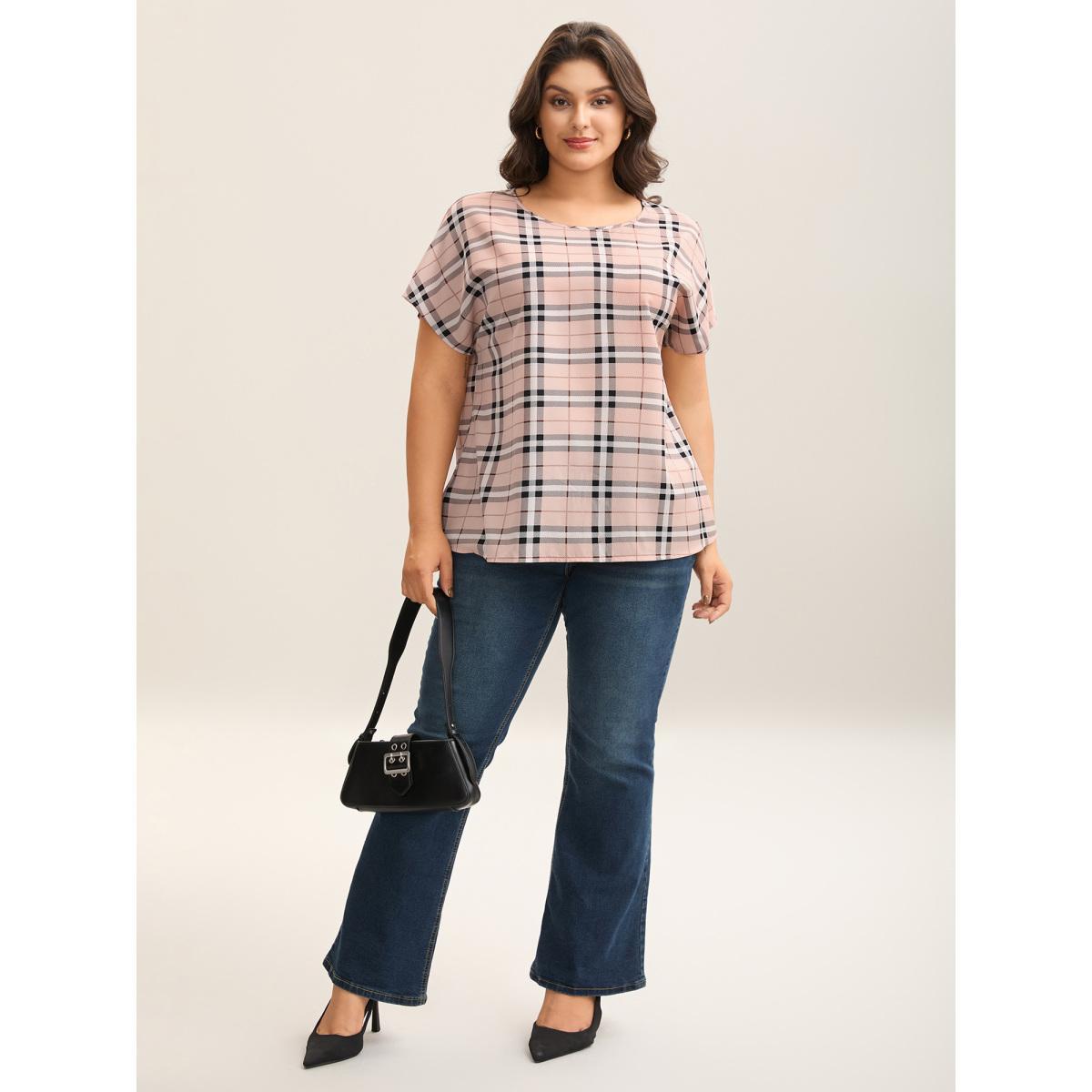 Plus Size MistyRose Plaid Pattern Round Neck Flared Shirt Women Short sleeve Round Neck Work Blouses BloomChic 22-24/3X Product Image