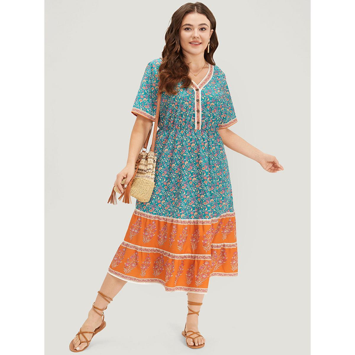 Plus Size Floral Print Button Detail Elastic Waist Patchwork Dress Emerald Women Vacation Gathered V-neck Short sleeve Curvy Midi Dress BloomChic 14-16/1X Product Image
