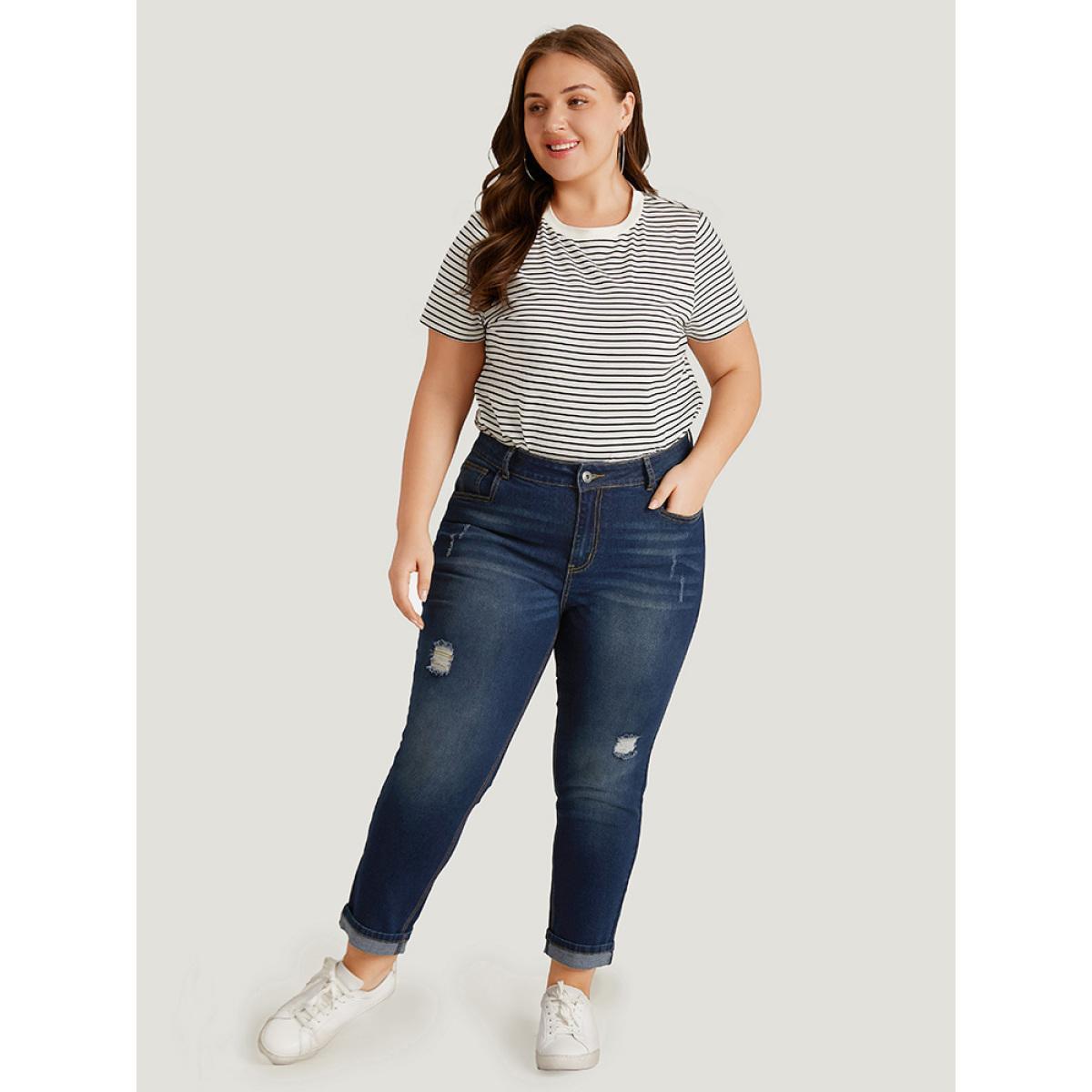 Plus Size Ripped Roll Hem Pocket Very Stretchy Jeans Women Indigo Casual Plain Plain High stretch Jeans BloomChic 26/4X Product Image