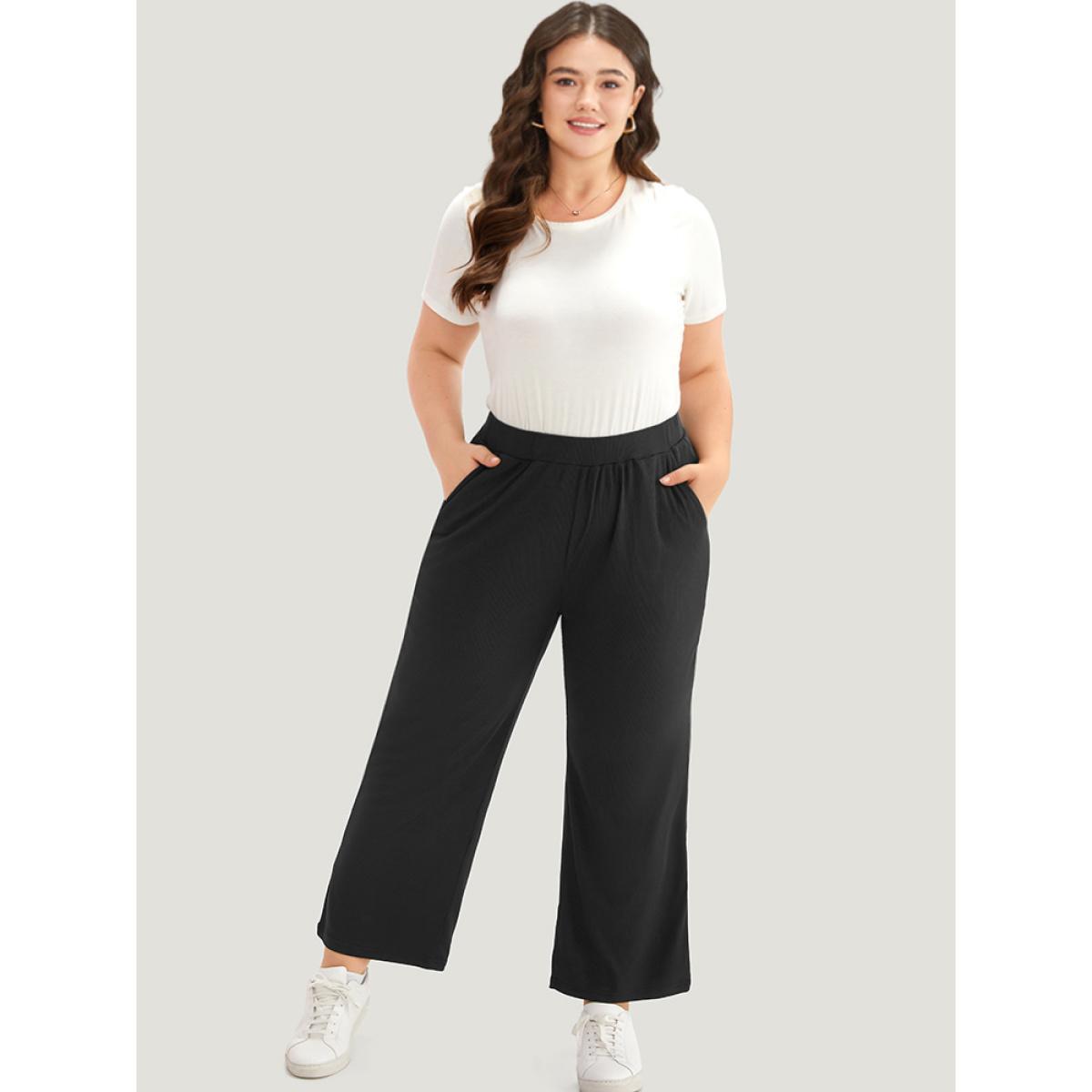 Rib Knit Solid Pocket Sweatpants Black Plus Size Women Casual Dailywear Texture 22-24/3X Bloomchic Product Image