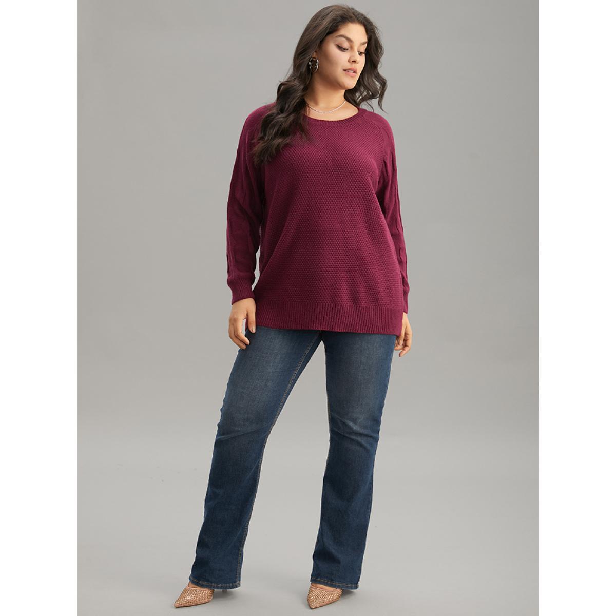 Plus Size Plain Texture Knit Raglan Sleeve Pullover Burgundy Women Casual Loose Long Sleeve Round Neck Dailywear Pullovers BloomChic 12/L Product Image