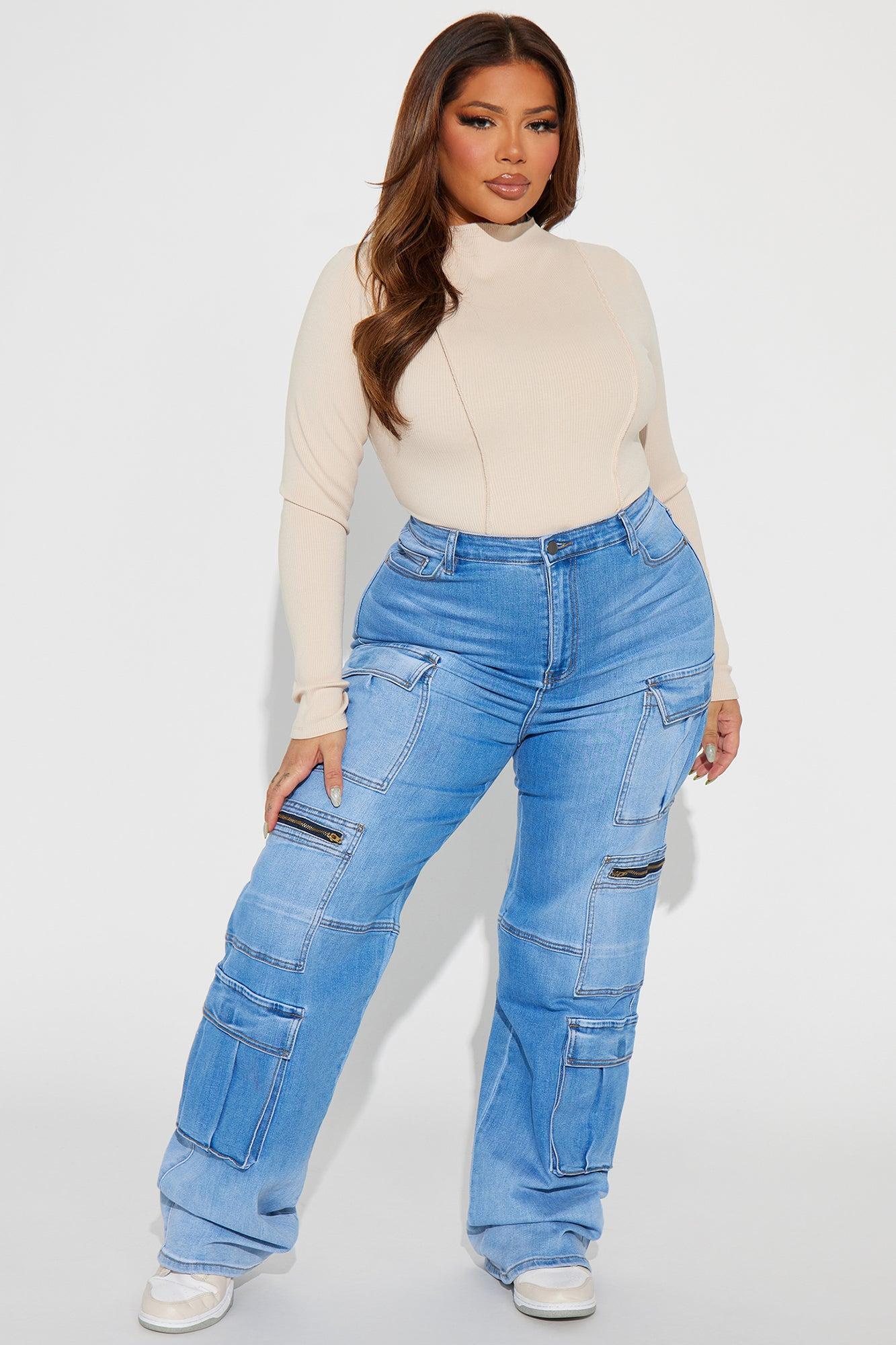 Back Talking Stretch Straight Cargo Jeans - Medium Wash Product Image