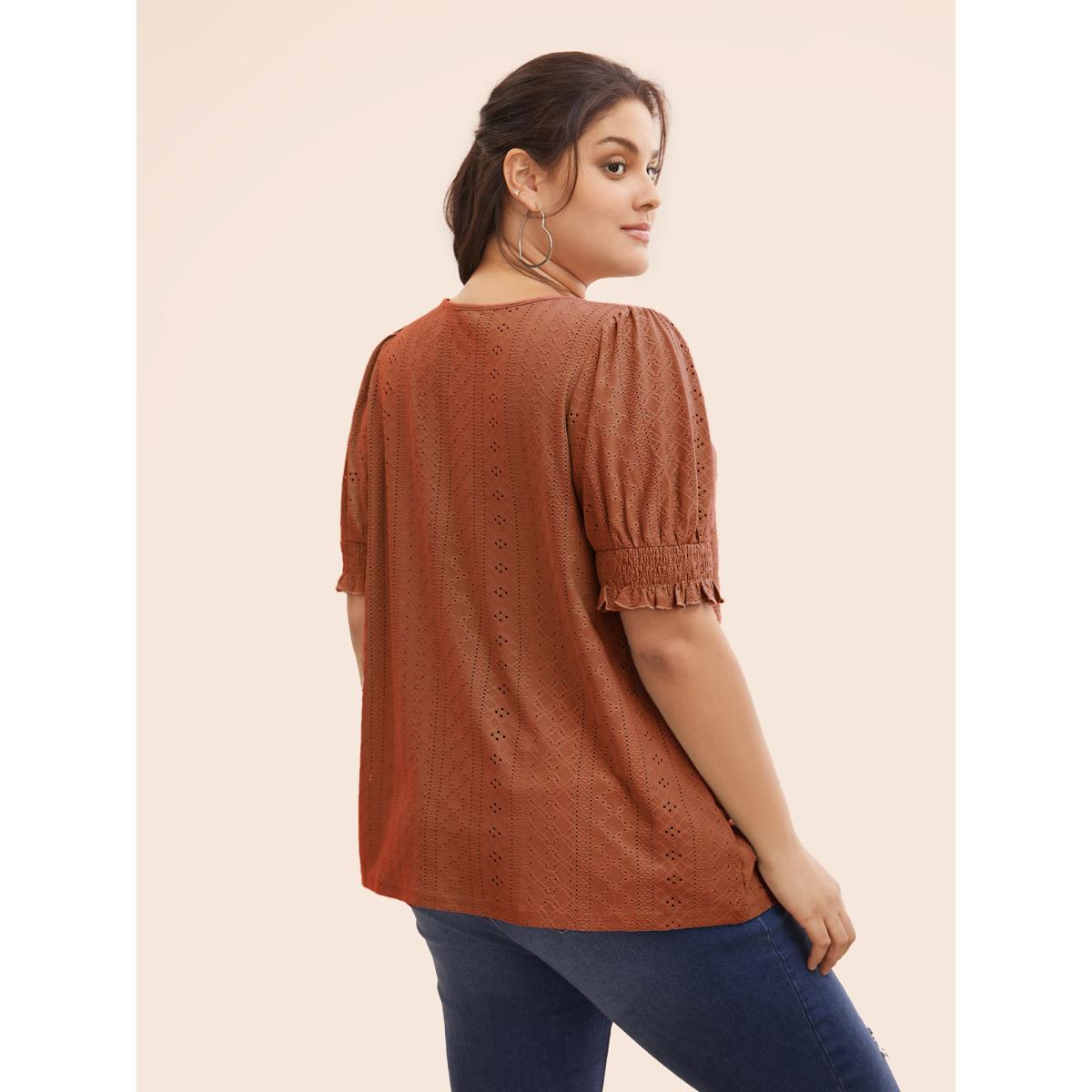 Plus Size Plain Broderie Anglaise Shirred Puff Sleeve Button Detail T-shirt Rust Women Casual Button Plain V-neck Everyday T-shirts BloomChic 10/M Product Image