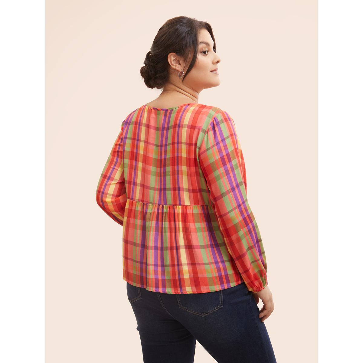 Plus Size Multicolor Colored Plaid Tie Knot Ruffle Hem Blouse Women Casual Long Sleeve Notched collar Everyday Blouses BloomChic 18-20/2X Product Image