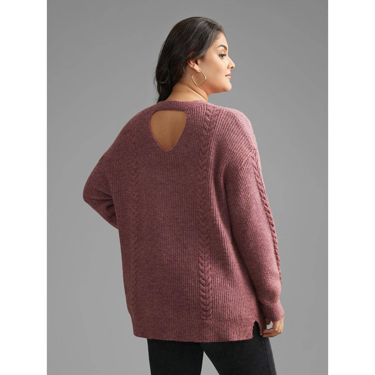 Plus Size Plain Textured Cable Knit Backless Pullover Lilac Women Casual Loose Long Sleeve Round Neck Everyday Pullovers BloomChic 30/6X Product Image