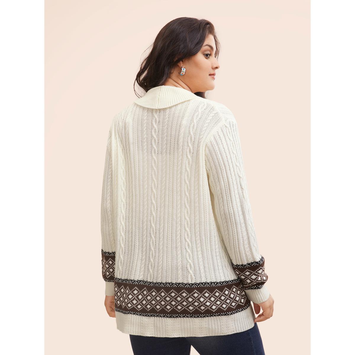 Plus Size Cable Knit Pockets Collared Cardigan Ivory Women Casual Loose Long Sleeve Everyday Cardigans BloomChic 14-16/1X Product Image
