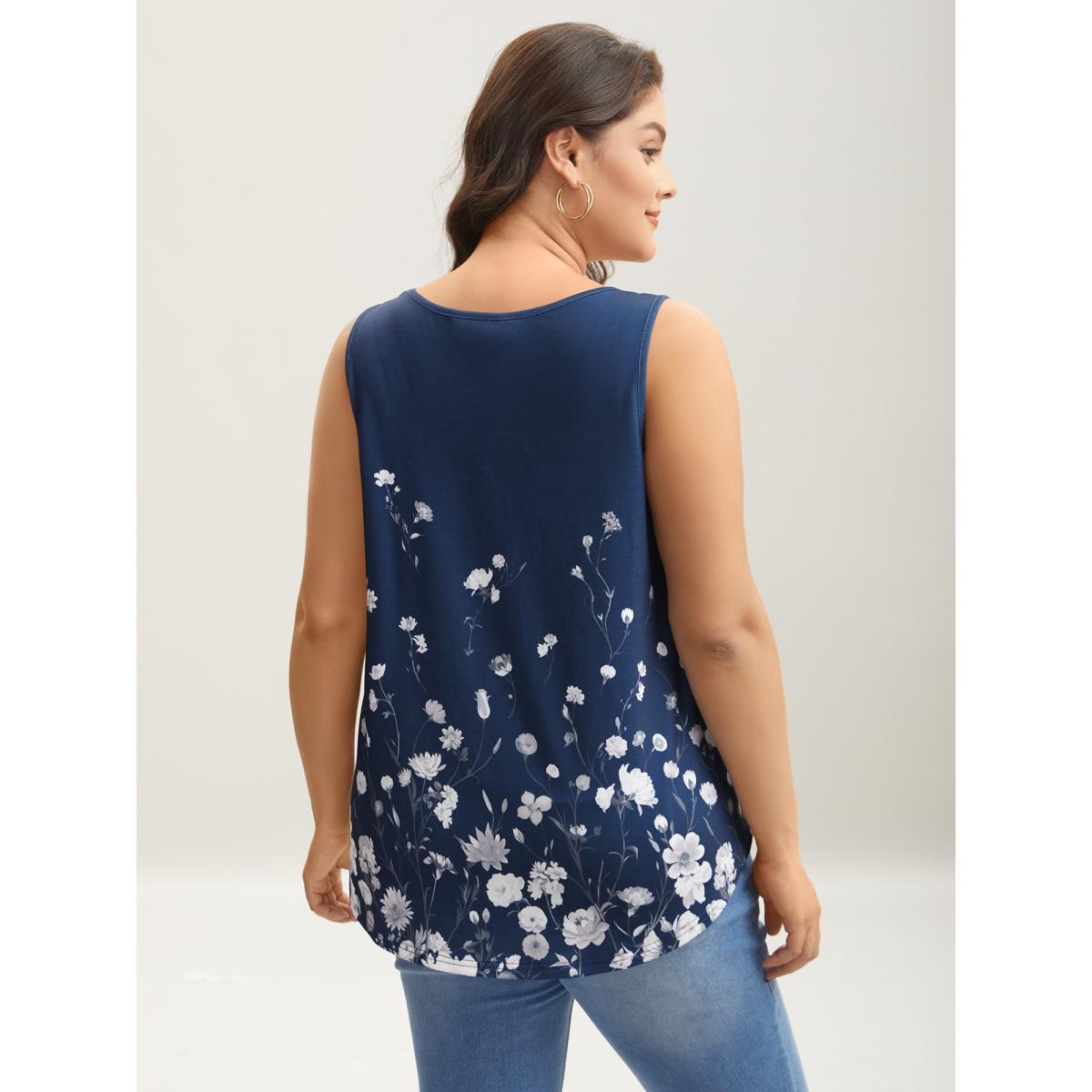 Plus Size Blooming Flowers Print Stretchy Vest Women Indigo Elegant Non V-neck Everyday Tank Tops Camis BloomChic 26/4X Product Image