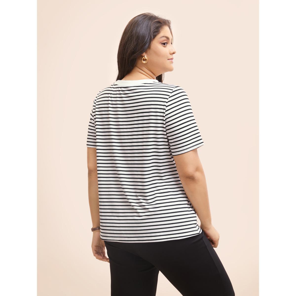 Plus Size Striped Crew Neck Rib Knit T-shirt Originalwhite Women Work From Home Contrast Round Neck Work T-shirts BloomChic 12/L Product Image