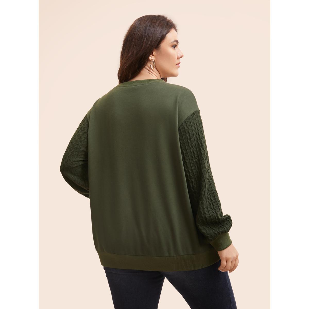 Plus Size Texture Patchwork Drop Shoulder Sleeve Sweatshirt Women DarkGreen Casual Texture Round Neck Everyday Sweatshirts BloomChic 14-16/1X Product Image