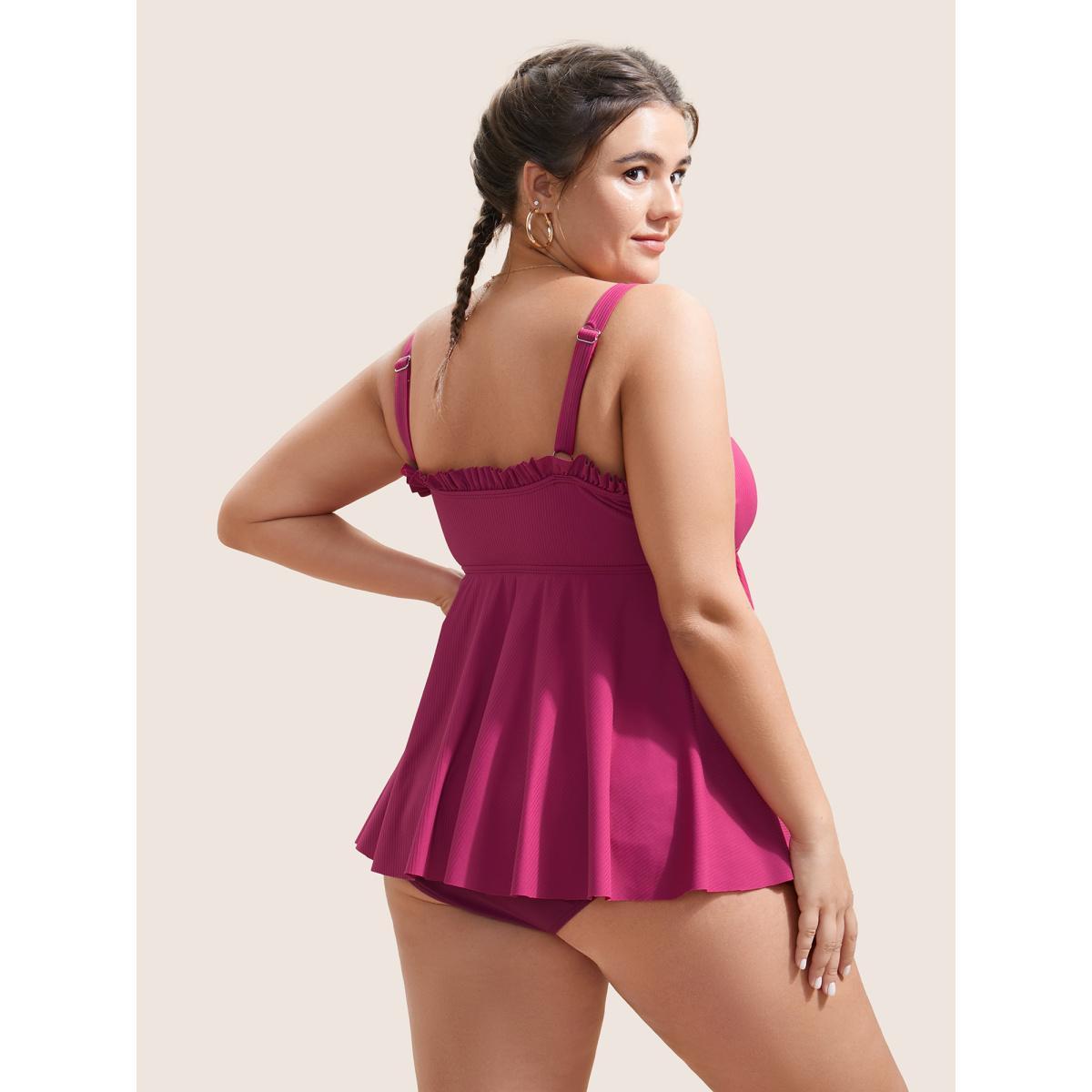 Plus Size Solid Frill Trim Adjustable Straps Swim Top Women's Swimwear RedViolet Beach Non High stretch Bodycon Strapless Curve Swim Tops BloomChic 26/4X Product Image