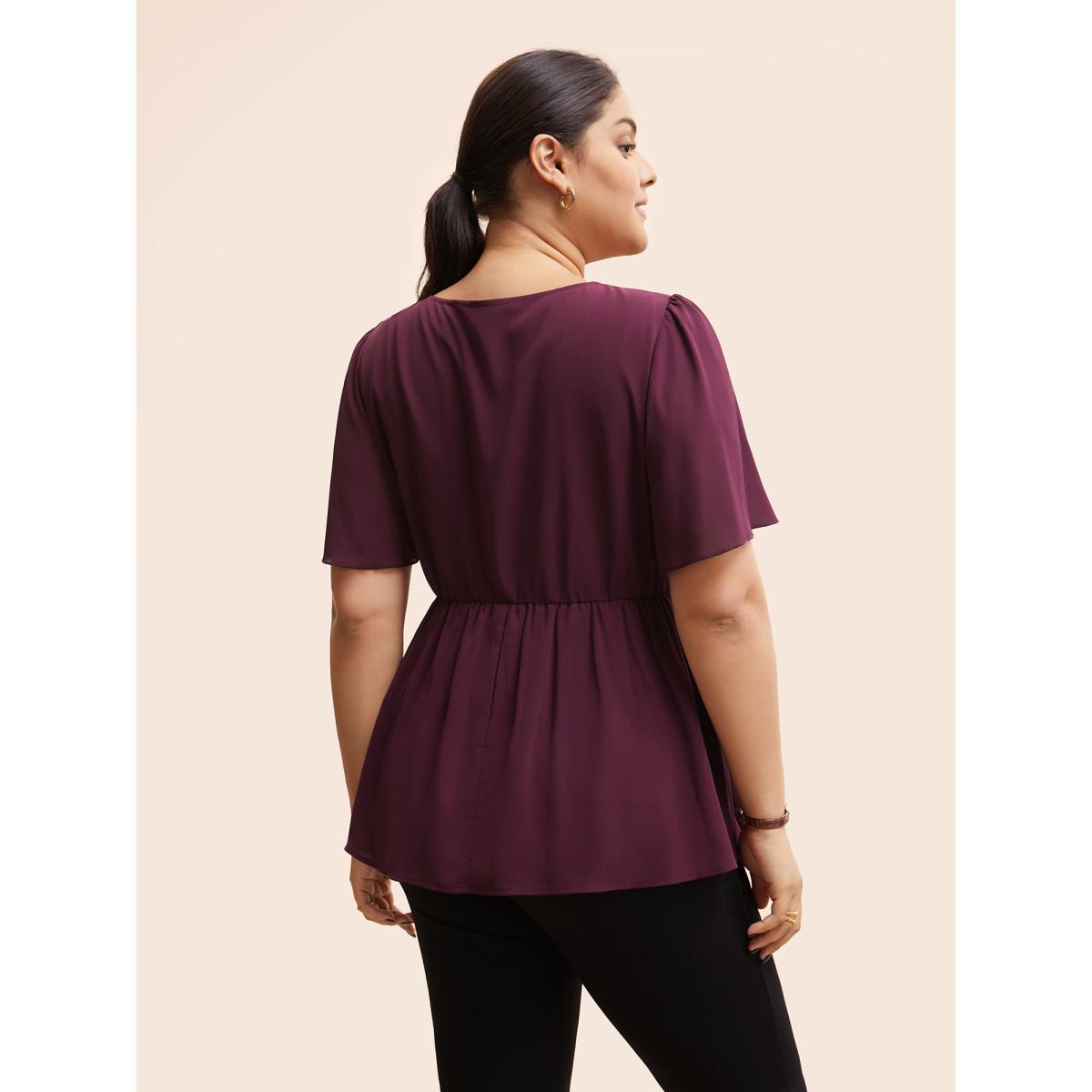 Plus Size Plum Solid Elastic Waist Ruffle Sleeve Blouse Women Workwear Essentials Short sleeve Round Neck Work Blouses BloomChic 22-24/3X Product Image