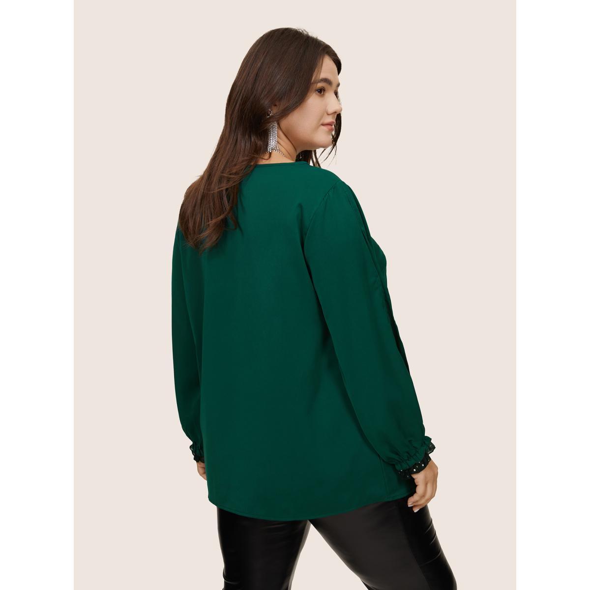 Plus Size DarkGreen Sequin Mesh Patchwork Lantern Sleeve Blouse Women Glamour Long Sleeve Round Neck Going out Blouses BloomChic 26/4X Product Image