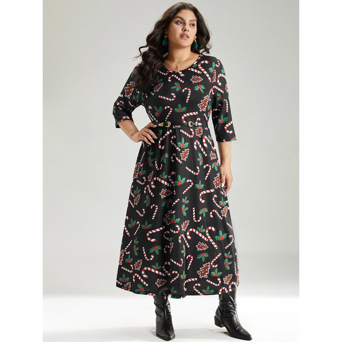 Plus Size Christmas Print Pocket Elastic Waist Dress Black Women Casual Printed Round Neck Long Sleeve Curvy Midi Dress BloomChic 26/4X Product Image