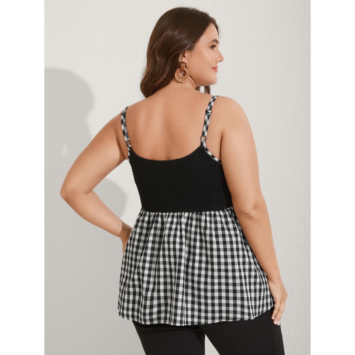 Plus Size Floral Embroidered Plaid Shirred Tank Top Women Black Gathered Non Vacation Tank Tops Camis BloomChic 12/L Product Image