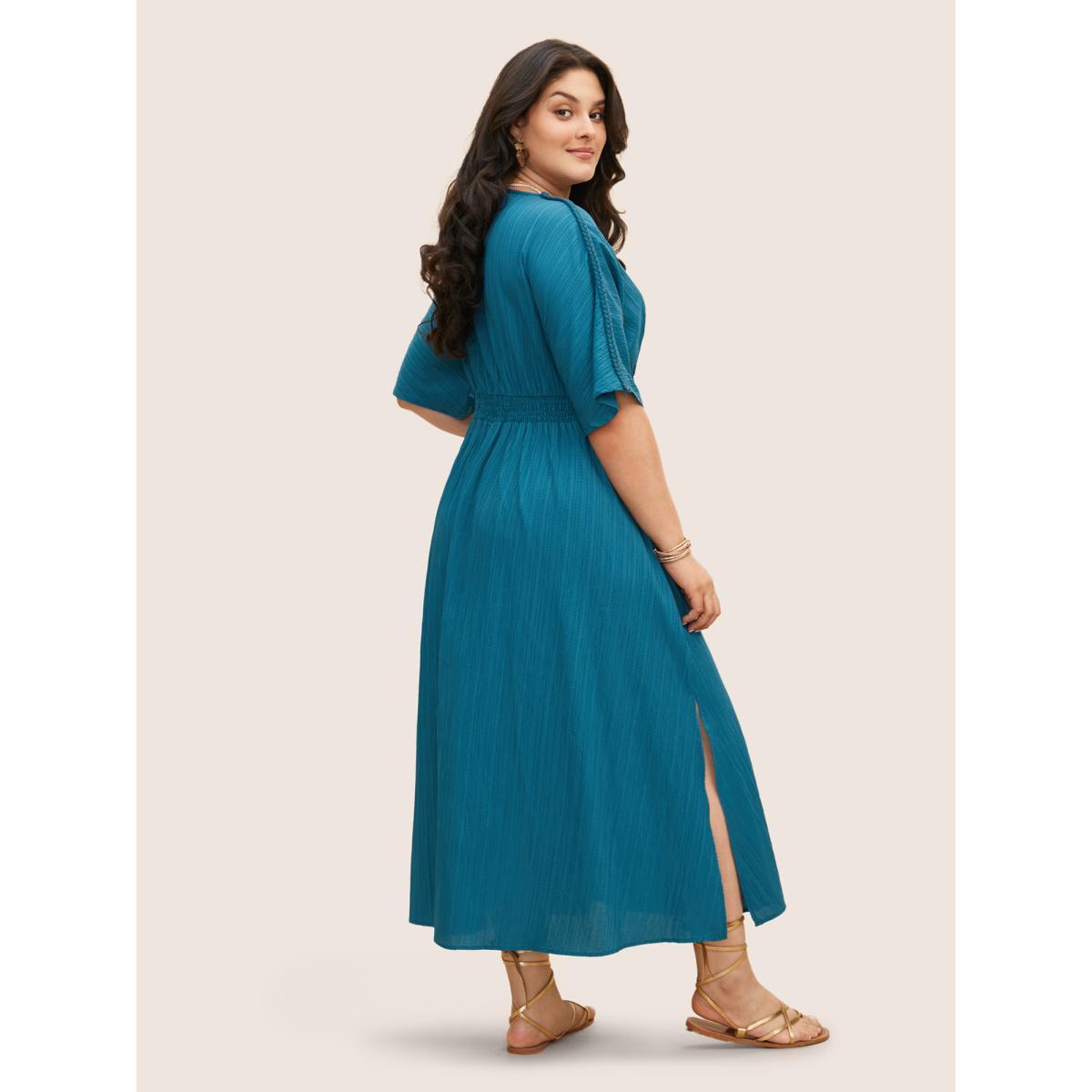 Plus Size V Neck Shirred Contrast Webbing Split Side Dress Aegean Women Resort Texture V-neck Half Sleeve Curvy BloomChic 30/6X Product Image
