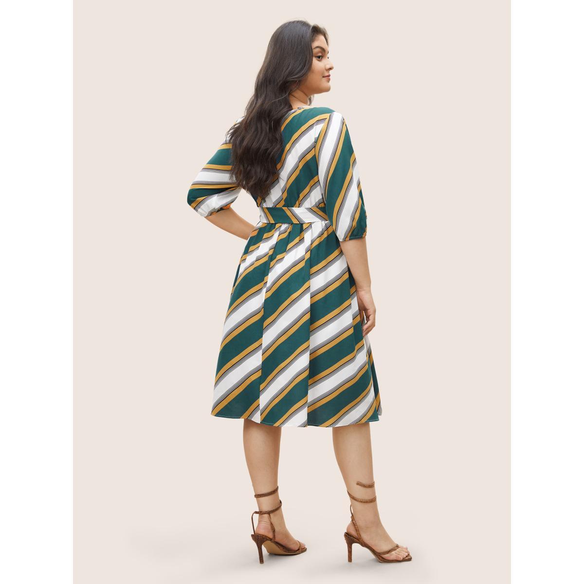 Plus Size Striped Contrast Asymmetrical Neck Belted Dress Cyan Women At the Office Non Asymmetrical Neck Elbow-length sleeve Curvy Midi Dress BloomChic 26/4X Product Image