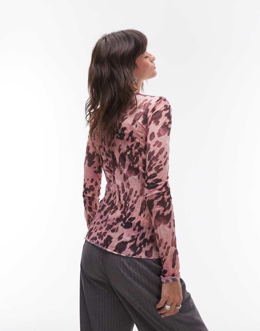 Topshop leopard crinkle long sleeve top in pink Product Image