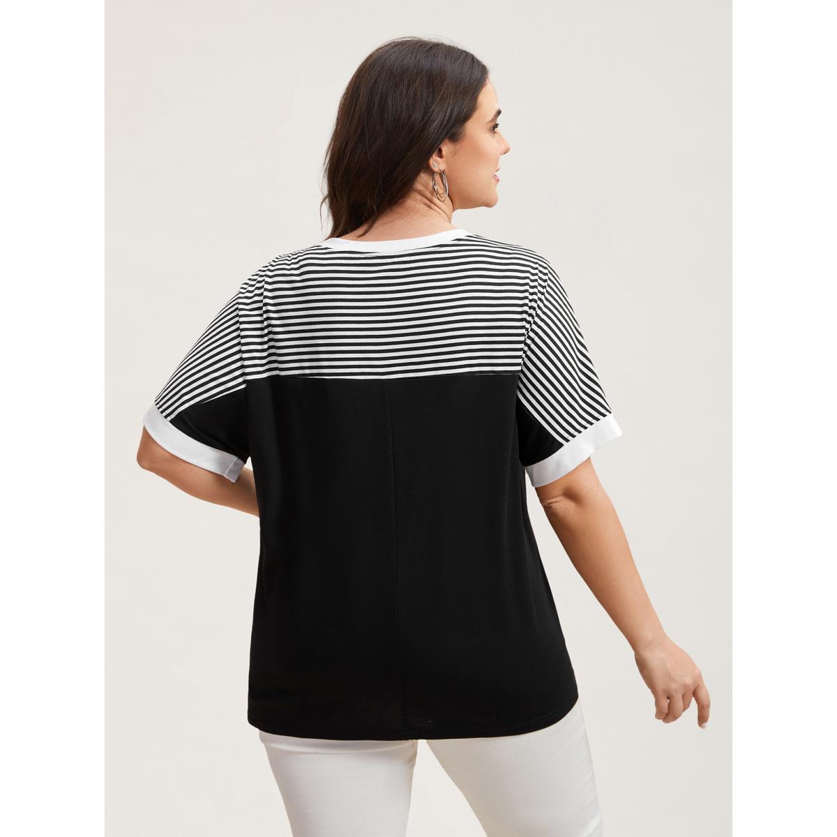 Plus Size Solid and Striped Contrast Hem T-Shirt Black Women Casual Contrast Round Neck Everyday T-shirts BloomChic 12/L Product Image
