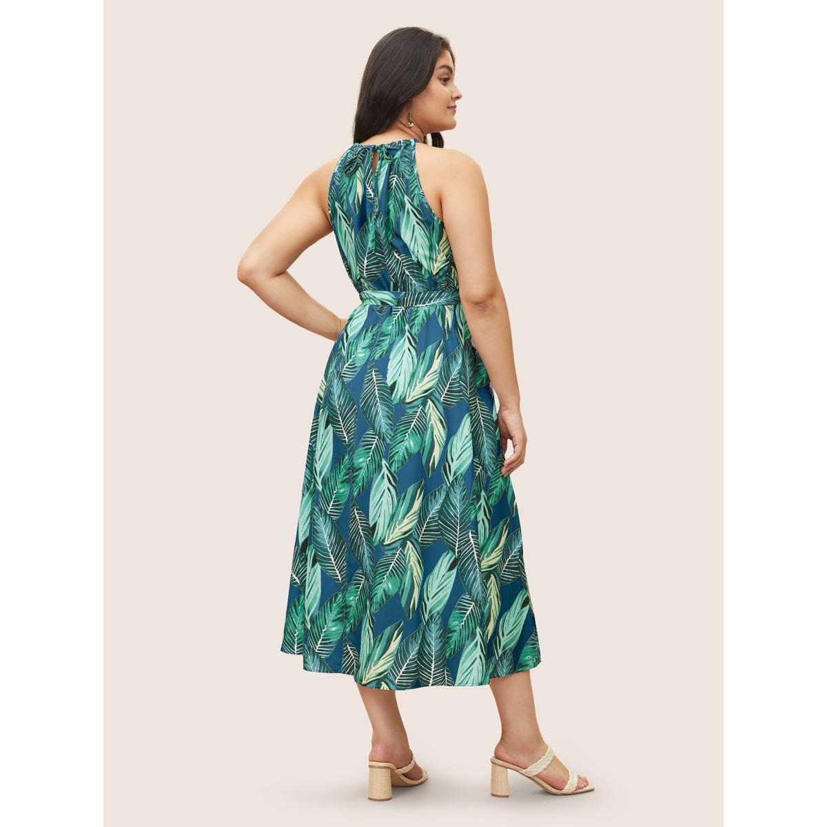 Plus Size Tropical Print Knotted Pocket Ruffles Belted Halter Dress Mediumblue Women Resort Non Halter neck Sleeveless Curvy Midi Dress BloomChic 26/4X Product Image