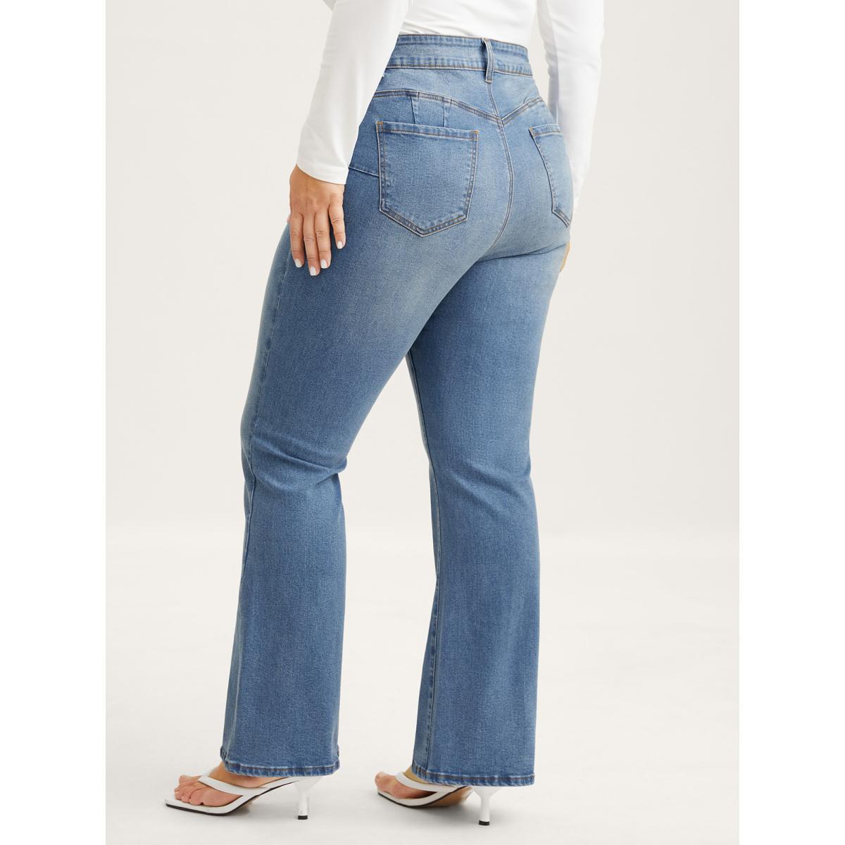 Plus Size Butt-Lift Bootcut Mid Rise Jeans Women Midblue High stretch Slanted pocket Jeans BloomChic 18/2X Product Image