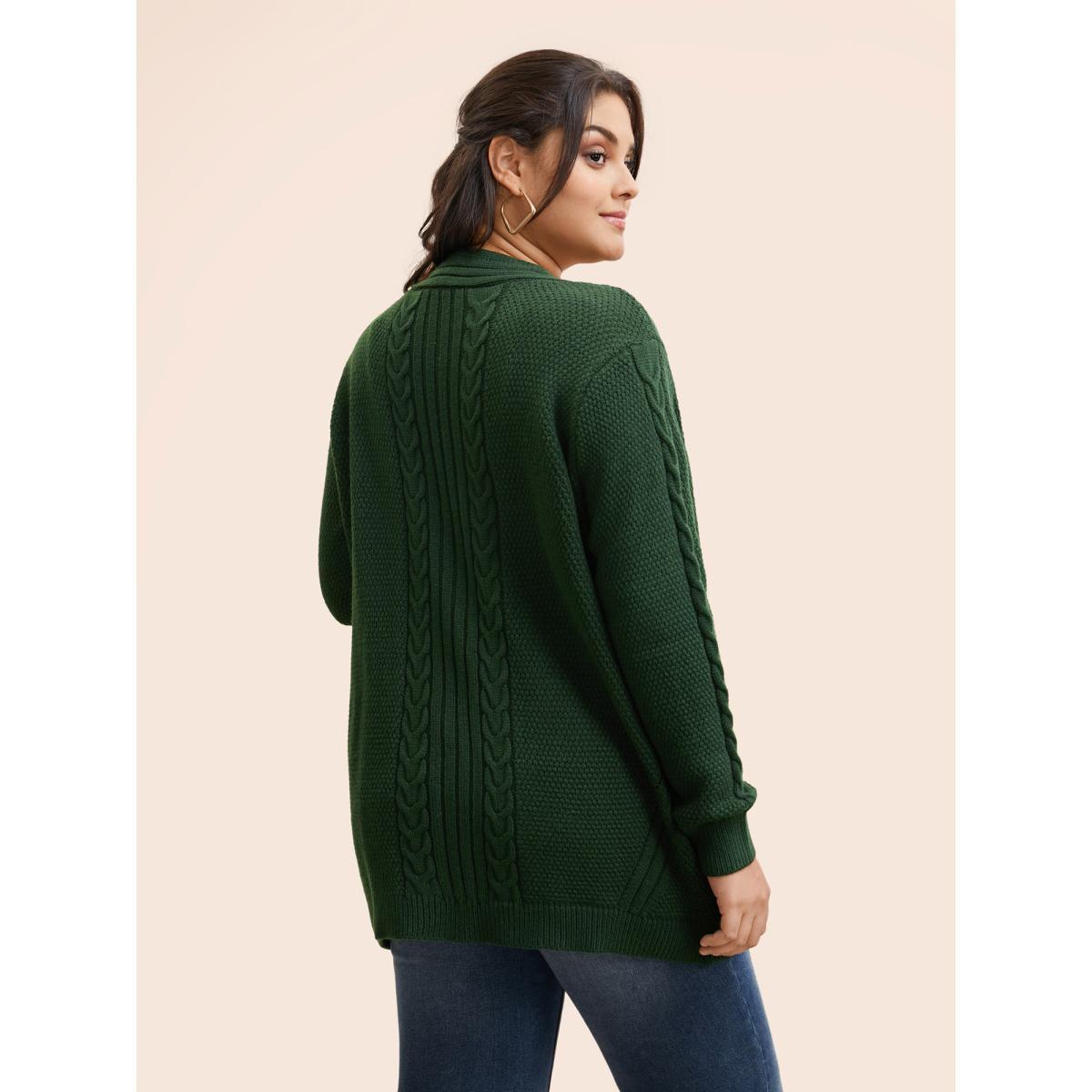 Plus Size Texture Cable Knit Patch Pocket Cardigan DarkGreen Women Casual Loose Long Sleeve Everyday Cardigans BloomChic 14-16/1X Product Image
