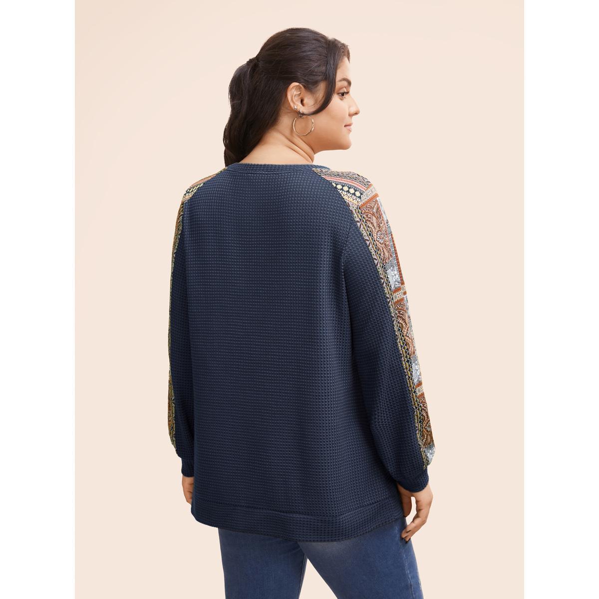 Plus Size Boho Print Patchwork Waffle Knit Crew Neck Sweatshirt Women Indigo Casual Elastic cuffs Round Neck Dailywear Sweatshirts BloomChic 26/4X Product Image