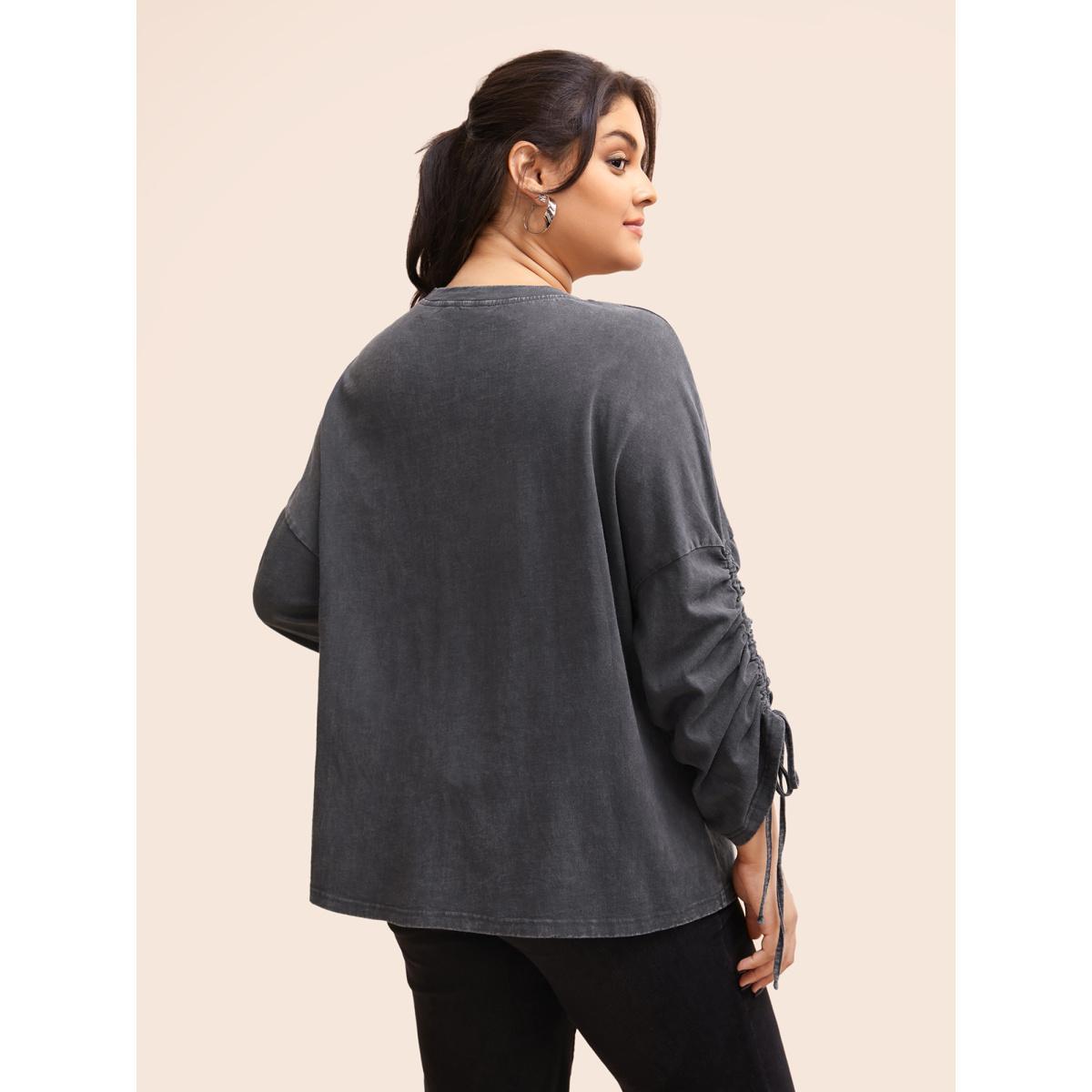 Plus Size Vintage Drawstring Drop Shoulder T-shirt DimGray Women Casual Drawstring Round Neck Everyday T-shirts BloomChic 30/6X Product Image