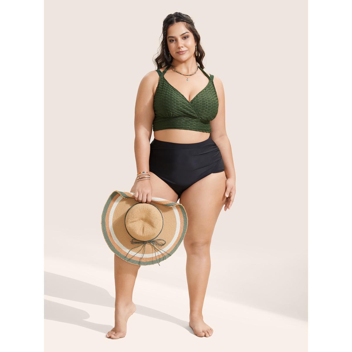 Plus Size Plain Textured Wrap Tie Knot Swim Top Women's Swimwear ArmyGreen Beach Tie knot High stretch Skinny Overlap Collar Curve Swim Tops BloomChic 18-20/2X Product Image