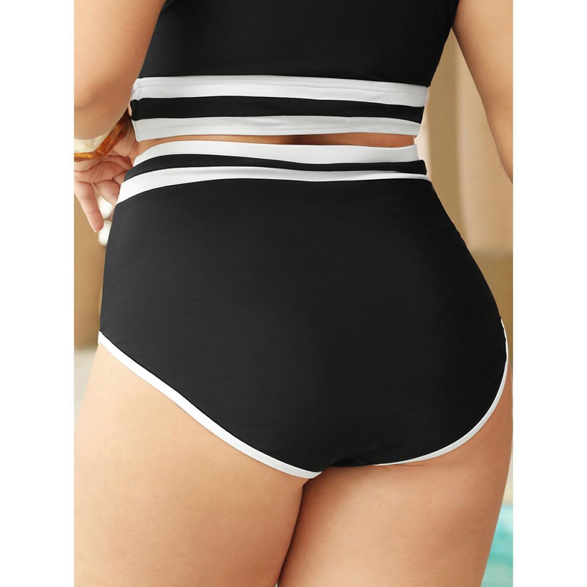 Plus Size Contrast Trim High Waist Bikini Bottom Women's Swimwear Black Vacation Contrast High stretch Skinny High Rise Curve Swim Bottoms BloomChic 26/4X Product Image