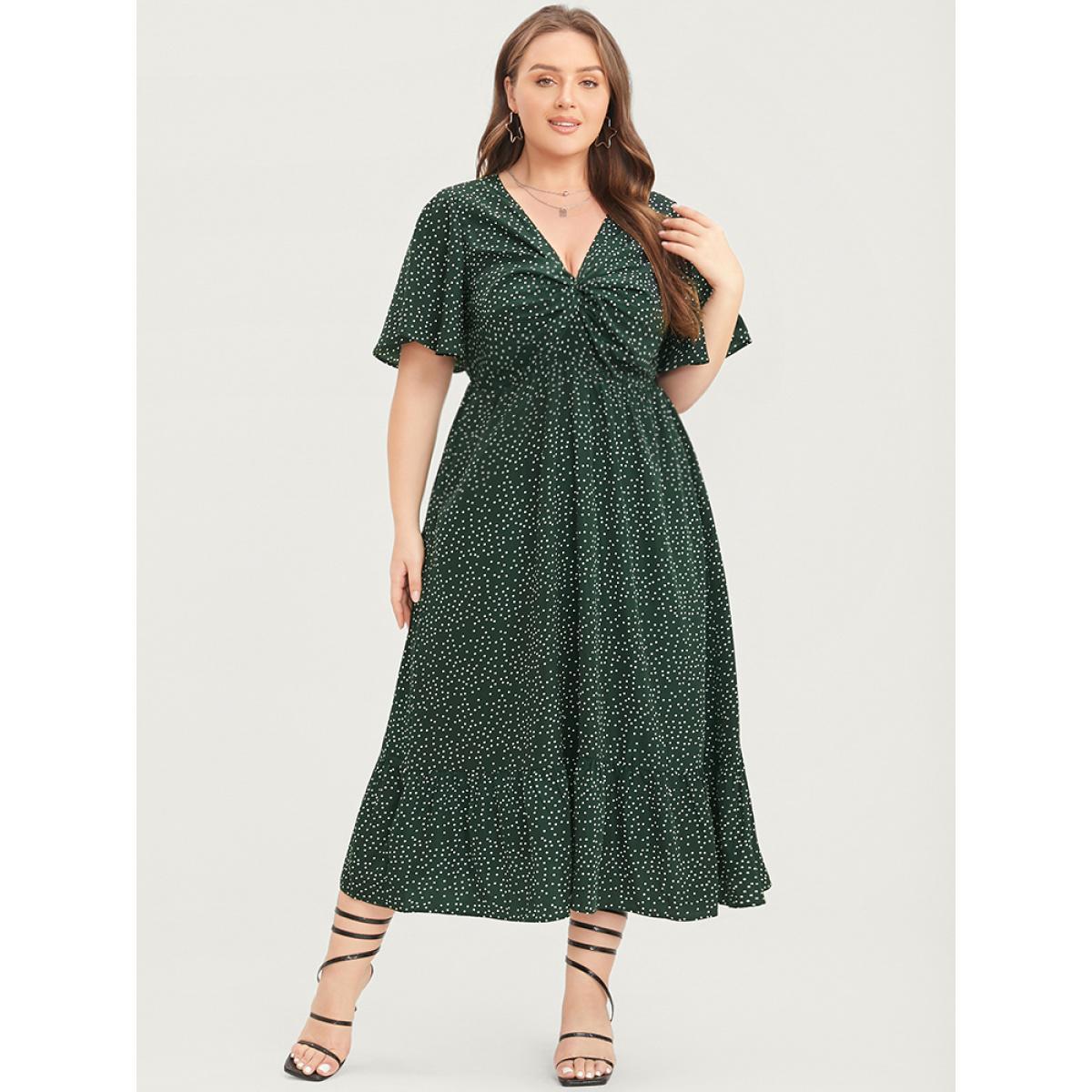 Plus Size Polka Dot Twist Front Pocket Flutter Hem Dress DarkGreen Women Elegant Pocket V-neck Short sleeve Curvy Midi Dress BloomChic 12/L Product Image