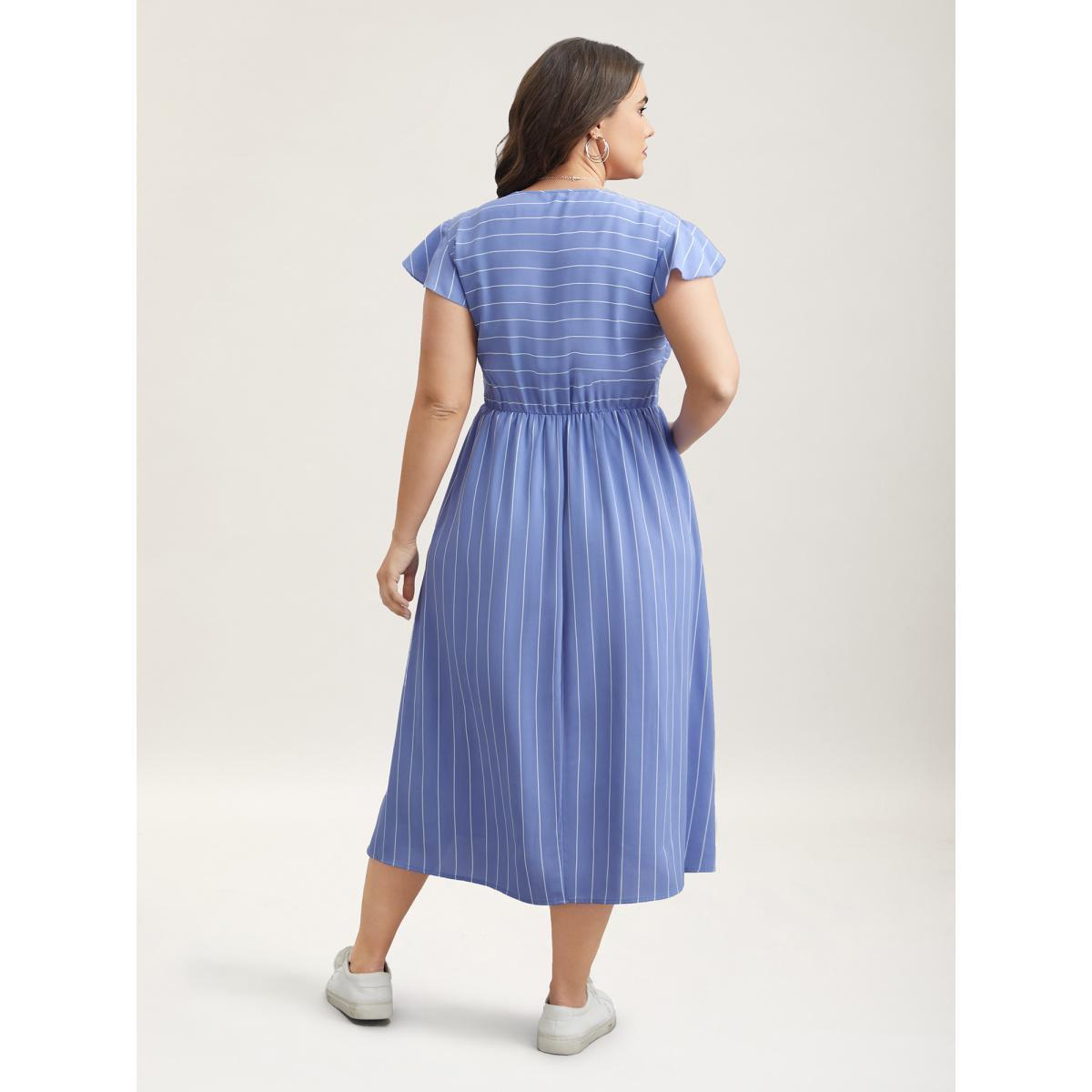 Plus Size Striped Shirred Flutter Sleeve Midi Dress Skyblue Women Casual Shirred Square Neck Cap Sleeve Curvy BloomChic 18-20/2X Product Image