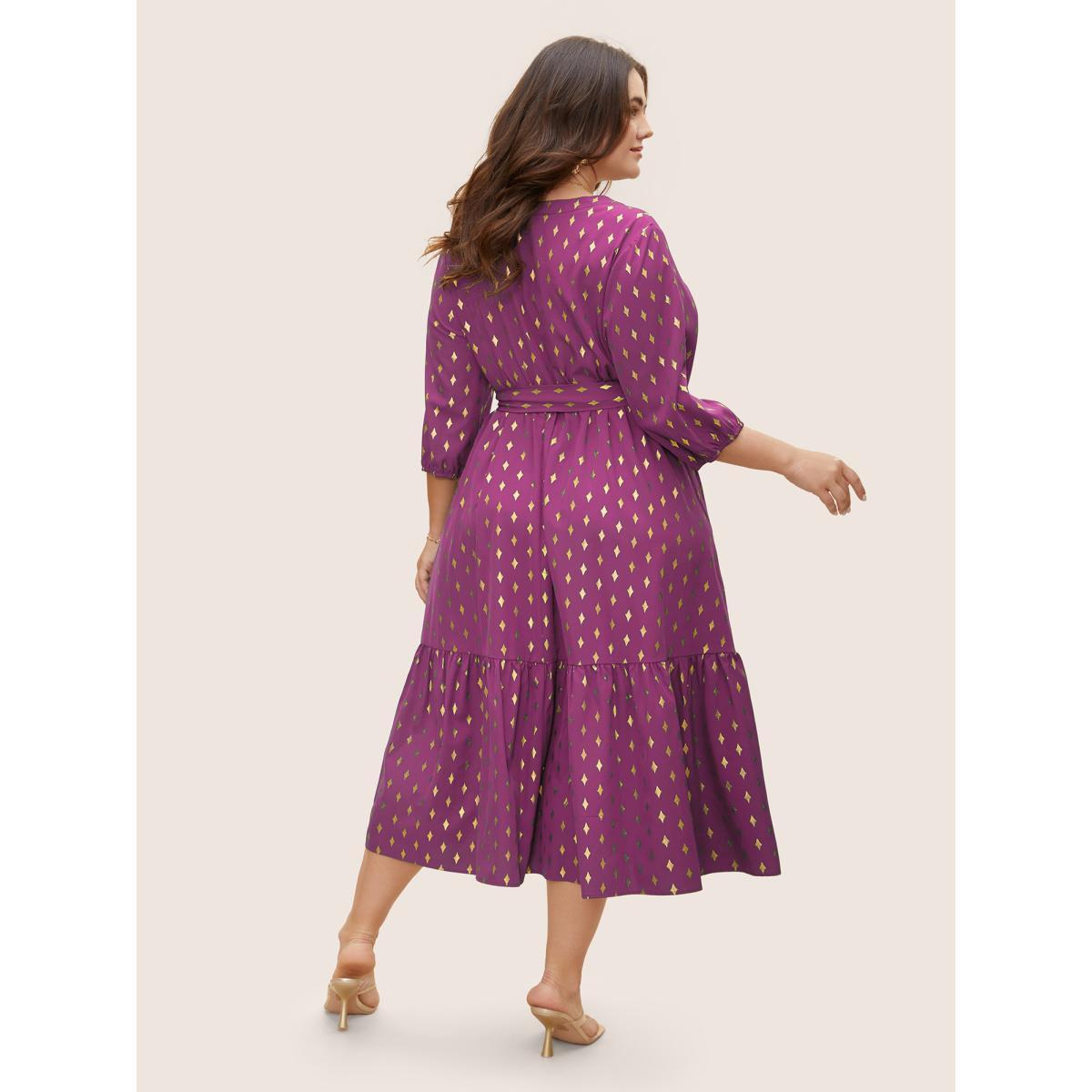 Plus Size Glitter Notched Lantern Sleeve Midi Dress Deeppurplered Women Formal Gathered Notched collar Elbow-length sleeve Curvy BloomChic 12/L Product Image