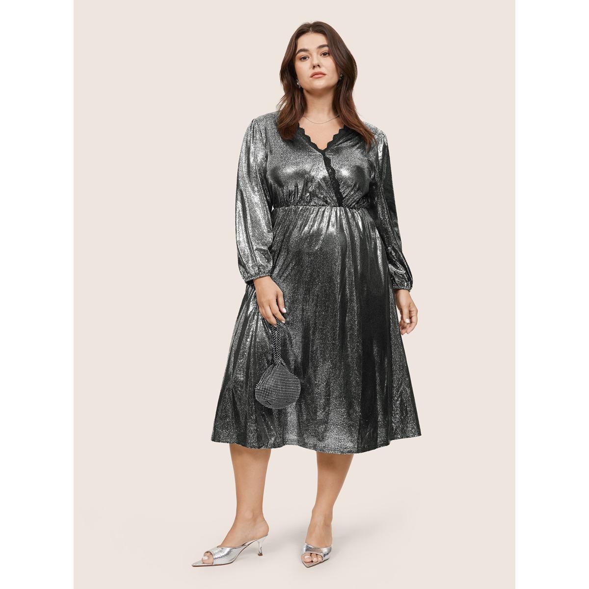 Plus Size Glitter Contrast Lace Wrap Elastic Waist Dress Black Women Party Elastic cuffs Overlap Collar Long Sleeve Curvy Midi Dress BloomChic 12/L Product Image