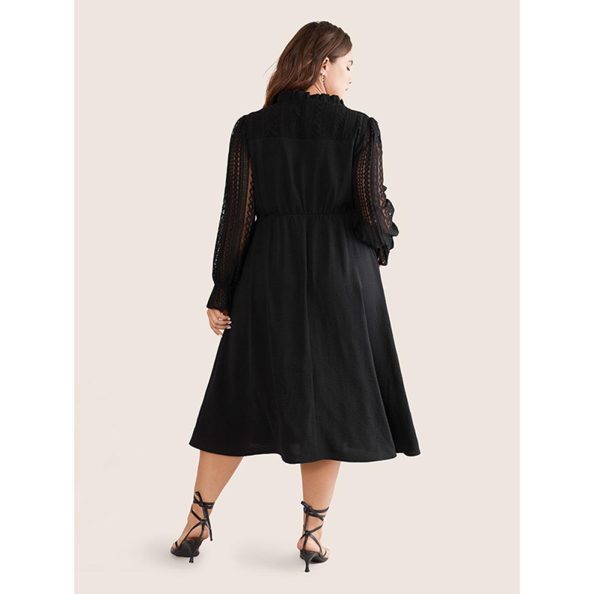 Plus Size Guipure Lace Knot Neck Ruffle Long Sleeve Dress Black Women Elegant Texture Tie Neck Long Sleeve Curvy Midi Dress BloomChic 12/L Product Image