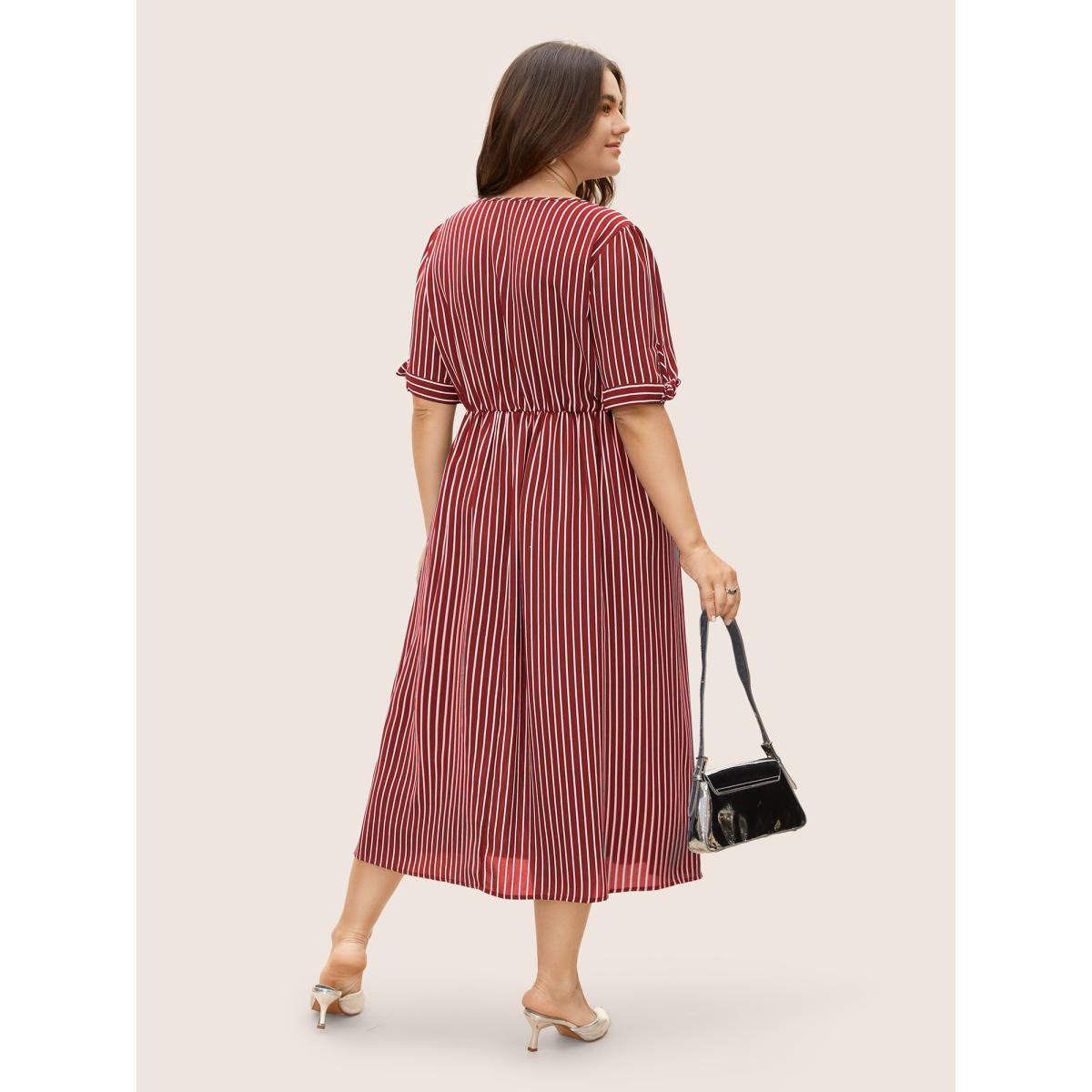 Plus Size Striped Knot Sleeve Button Detail Dress Scarlet Women At the Office Tie knot V-neck Short sleeve Curvy BloomChic 14-16/1X Product Image